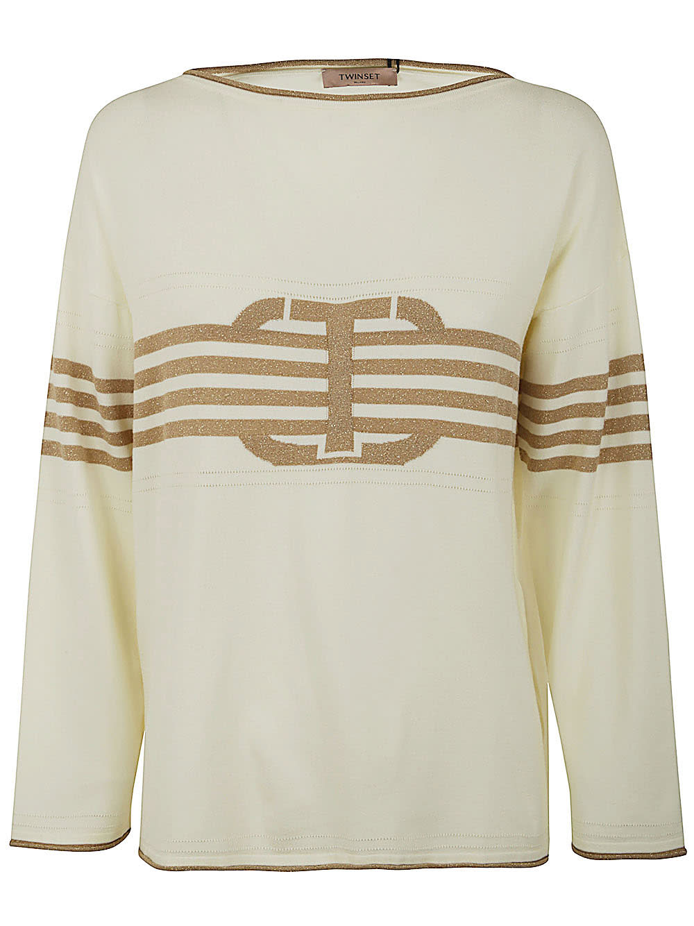 Shop Twinset Long Sleeves Boat Neck Striped Sweater With Logo In Bic Snow Gold Beige