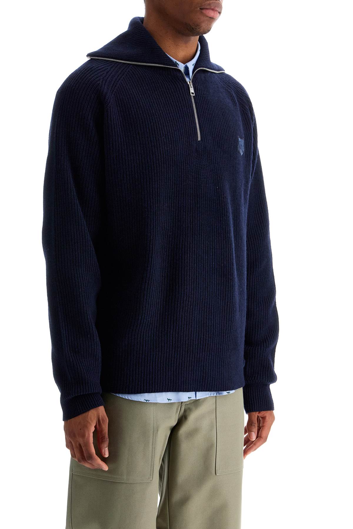 Maison Kitsuné Ink Blue Wool Sweater With Fox Head Patch And Half Zip