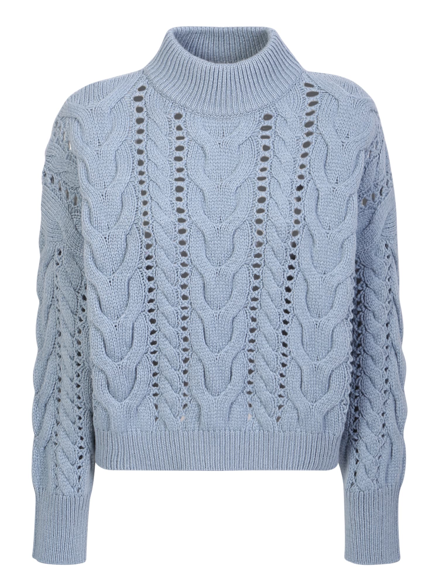 Brunello Cucinelli High Neck Pullover With Cable Knit Light Blue