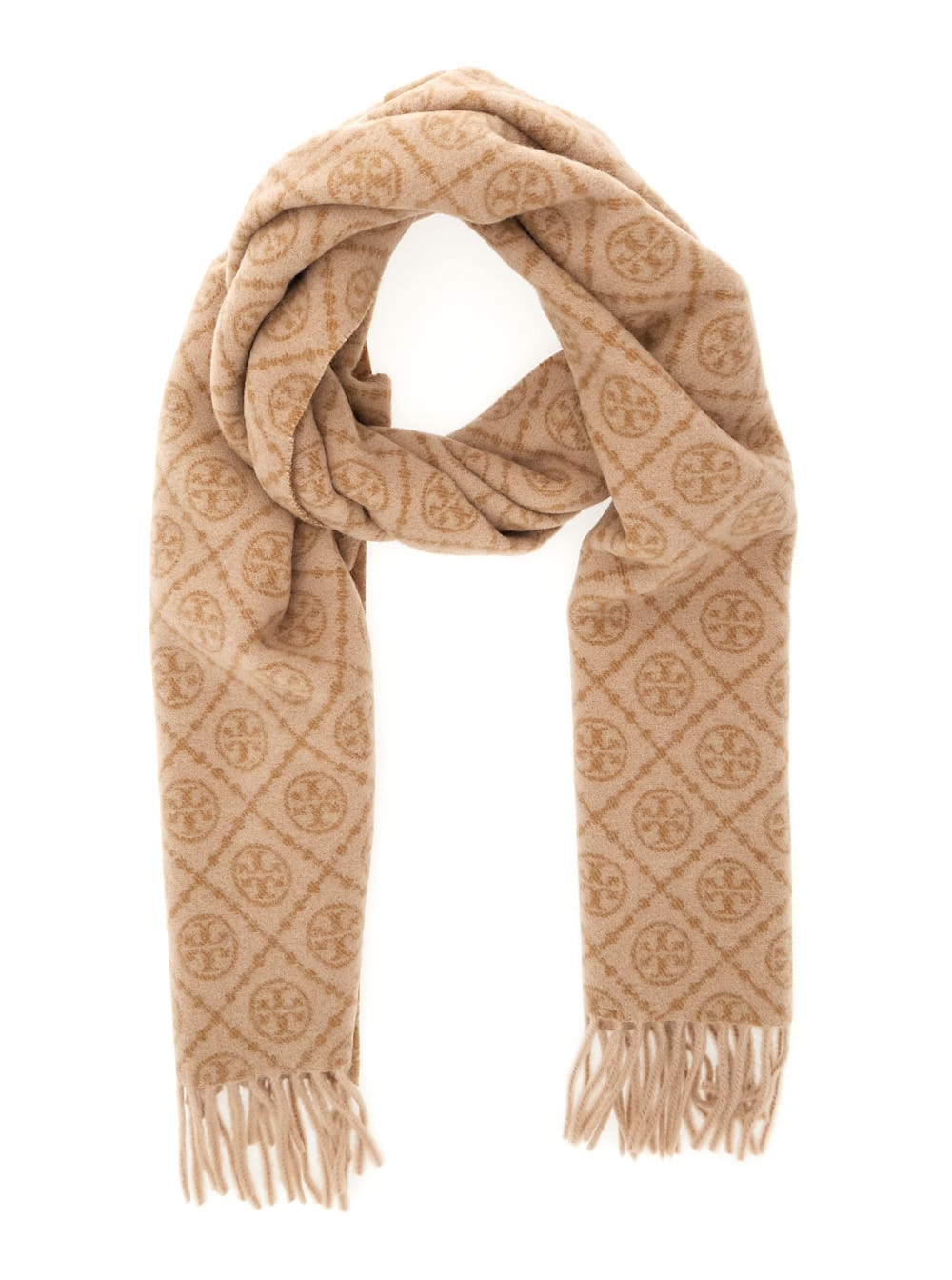 Tory Burch Beige Scarf With All-over T Motif Monogram And Fringed Edges In Wool Woman In Brown