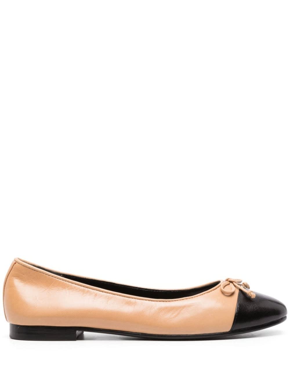 Tory Burch Beige Ballet Flats With Bow Detail And Contrasting Toe In Leather Woman