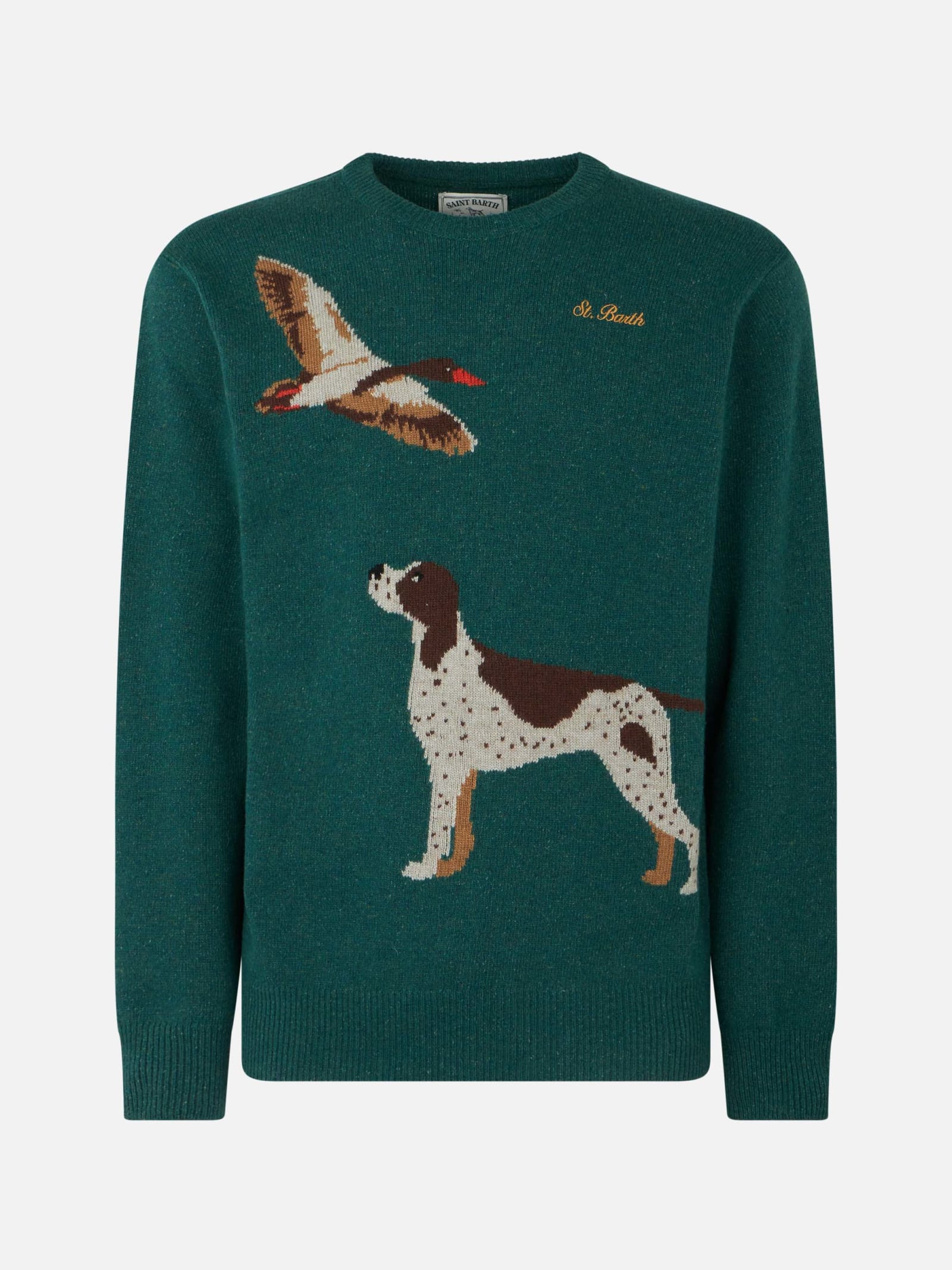 Shop Mc2 Saint Barth Man Crewneck Donegal Sweater With Country Dog Jacquard Print In Green