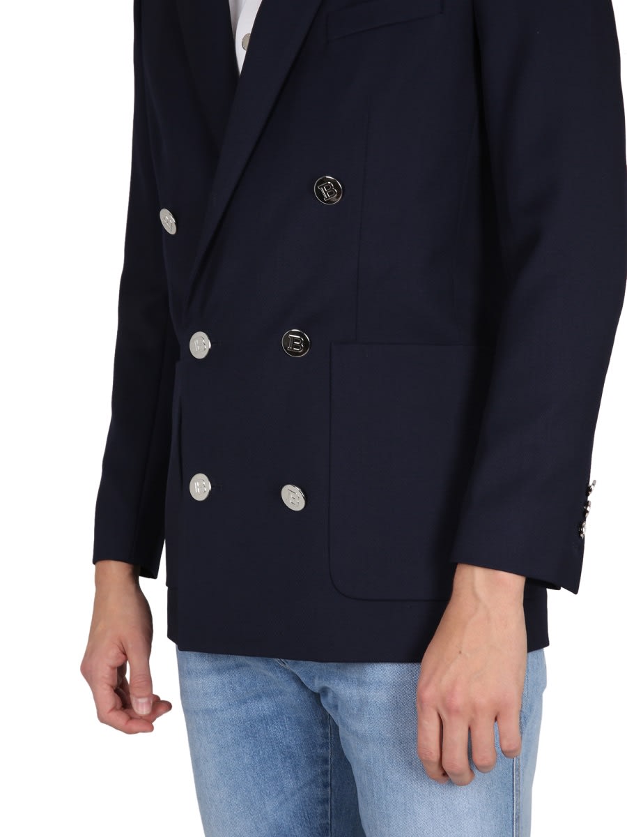 Balmain Tailored Wool Blazer With Back Slit And Padded Shoulders In Blue