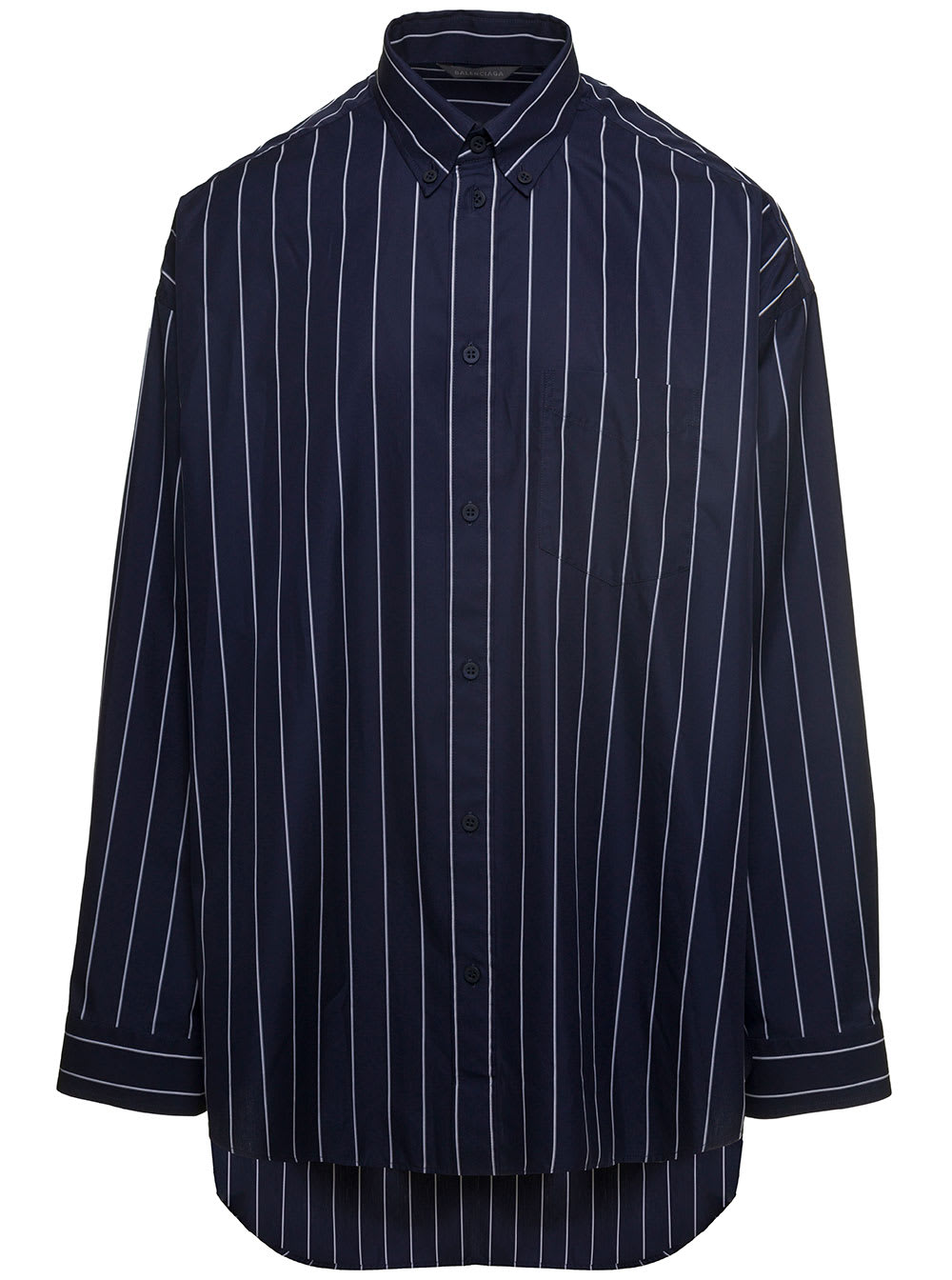 Shop Balenciaga Blue Striped Oversized Blouse And Contrasting Logo In Cotton Blend Man