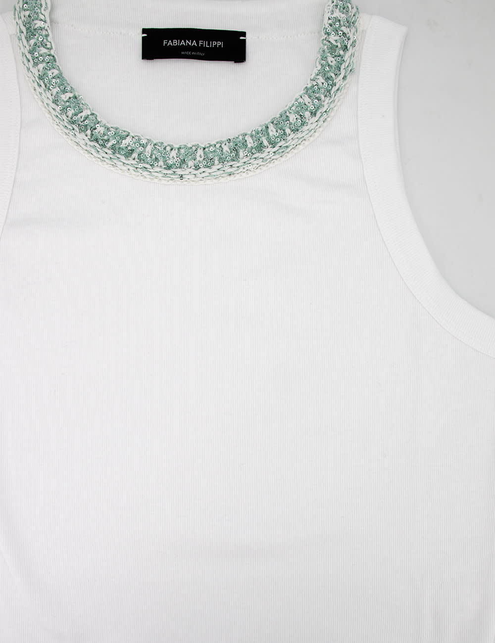 Fabiana Filippi Embroidered Neckline Knit Top In Bianco Ottico/verde Aqua