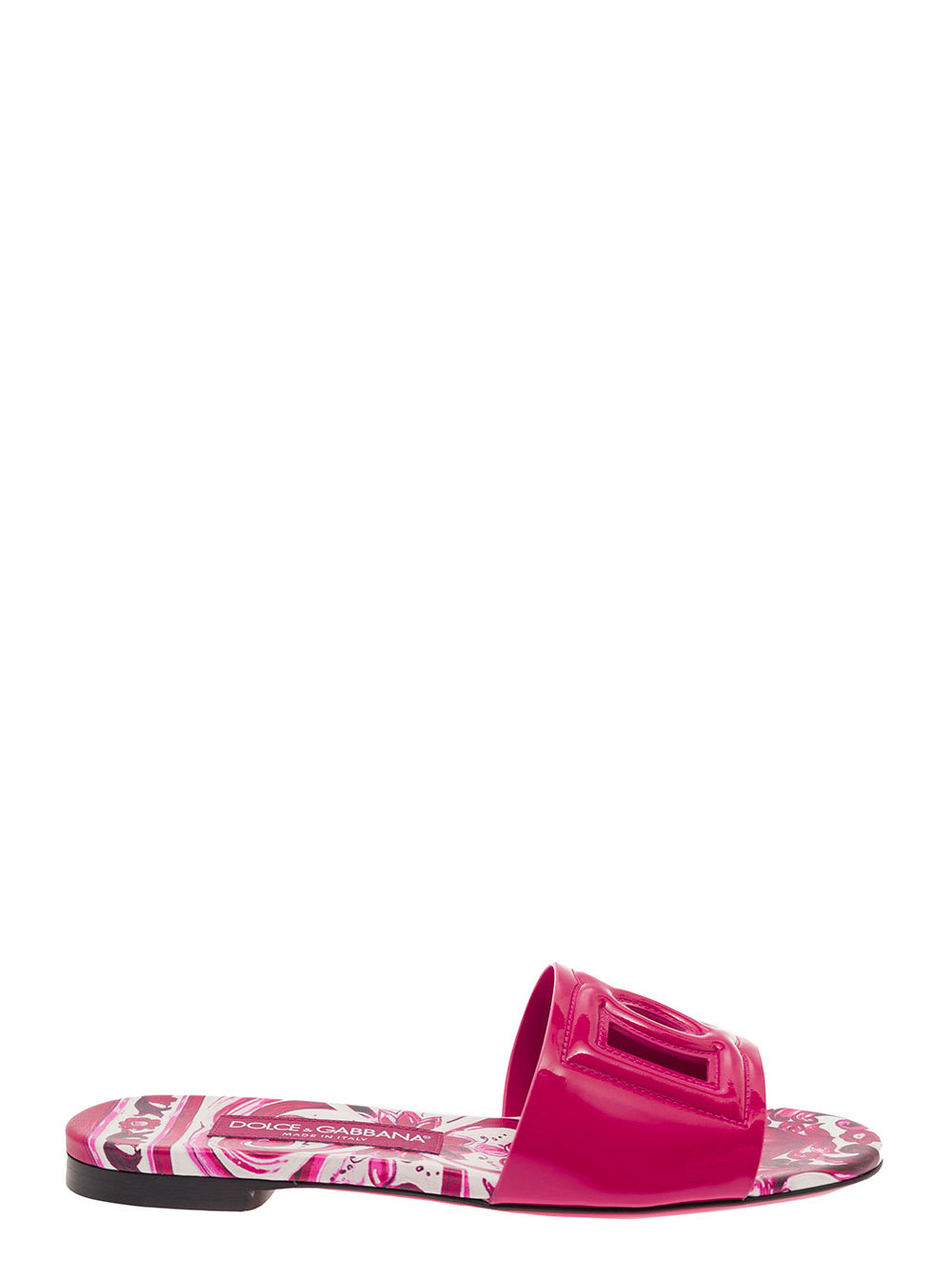 Fuchsia Flat Sandals With Dg Logo Cut-out And Maioliche Print In Leather Woman