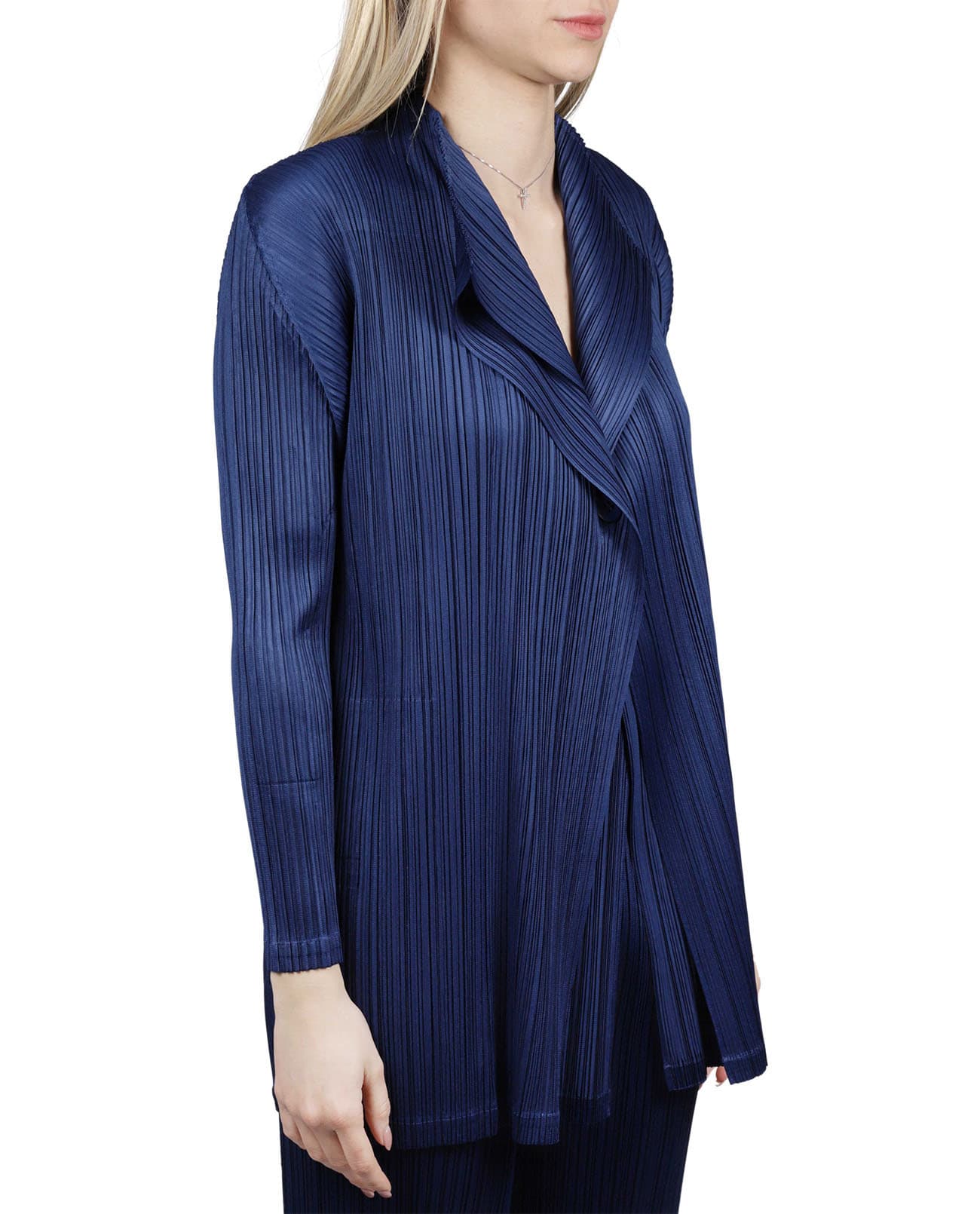 Issey Miyake Pleats Please Womens 77-deep Blue Pleated Shawl-collar Woven Cardigan