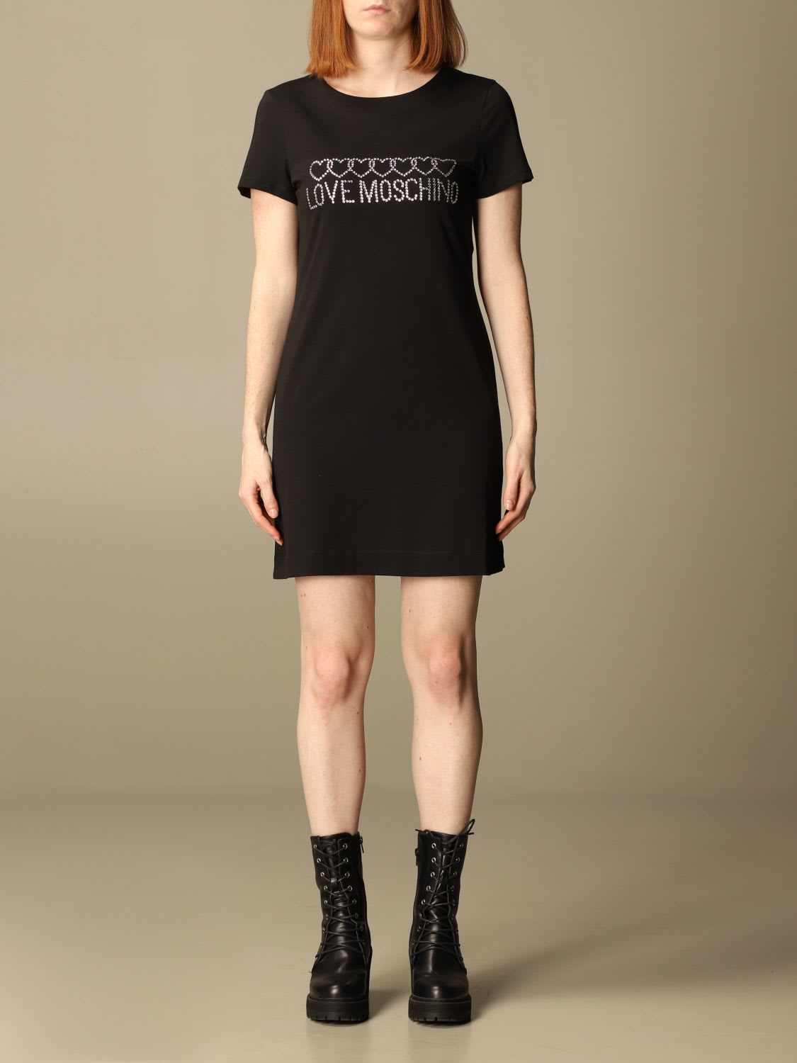 Love Moschino Dress Love Moschino T-shirt Dress In Cotton With Rhinestones Logo