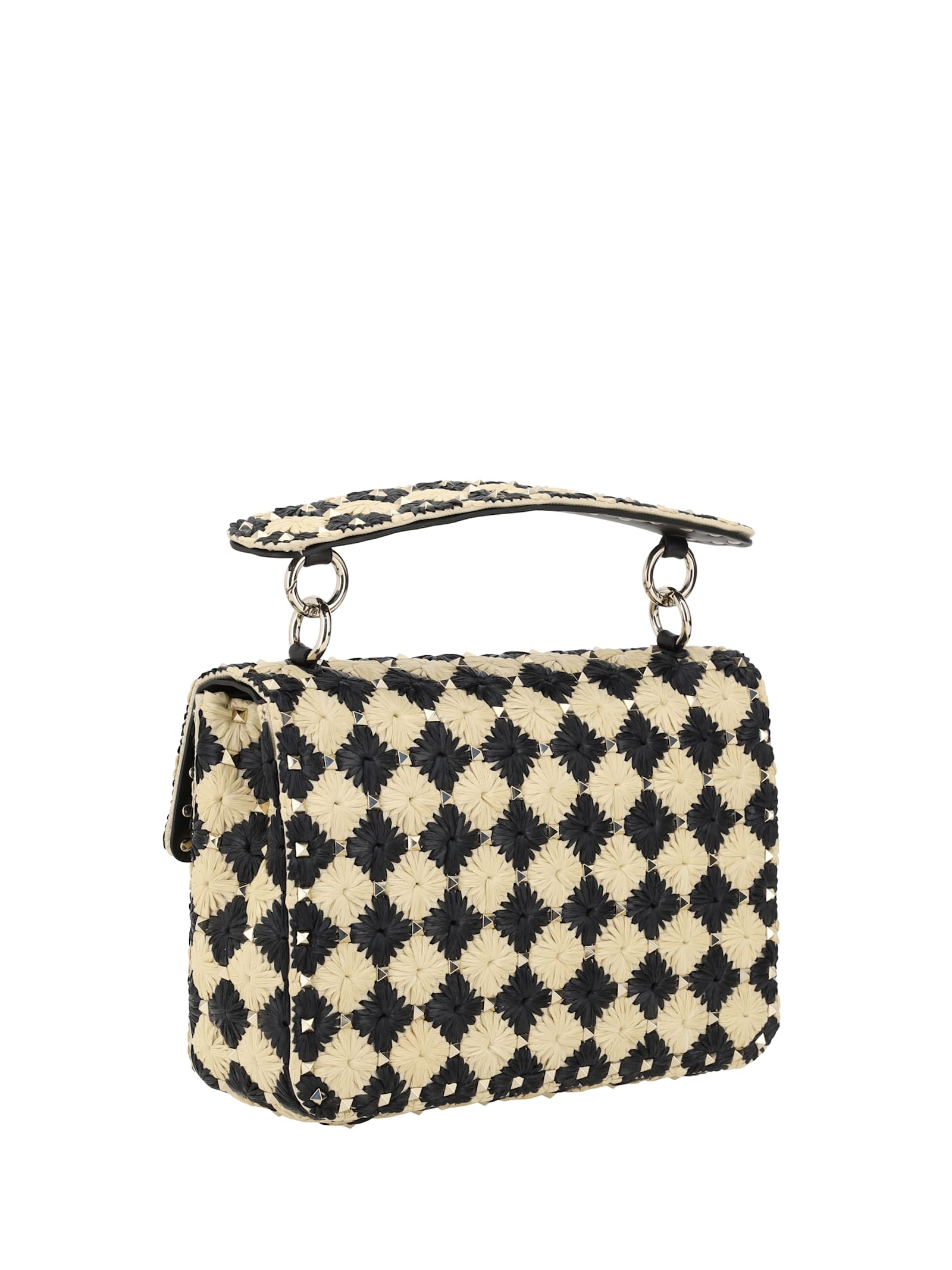 Valentino Garavani Two-tone Raffia Medium Rockstud Spike Handbag In Naturale/nero