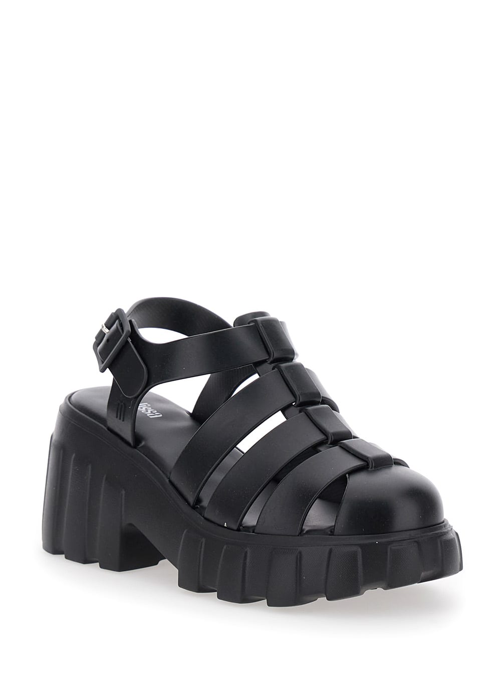 Shop Melissa Megan Black Sandals With Adjustable Buckle Closure And Cage Design In Tech Fabric Woman