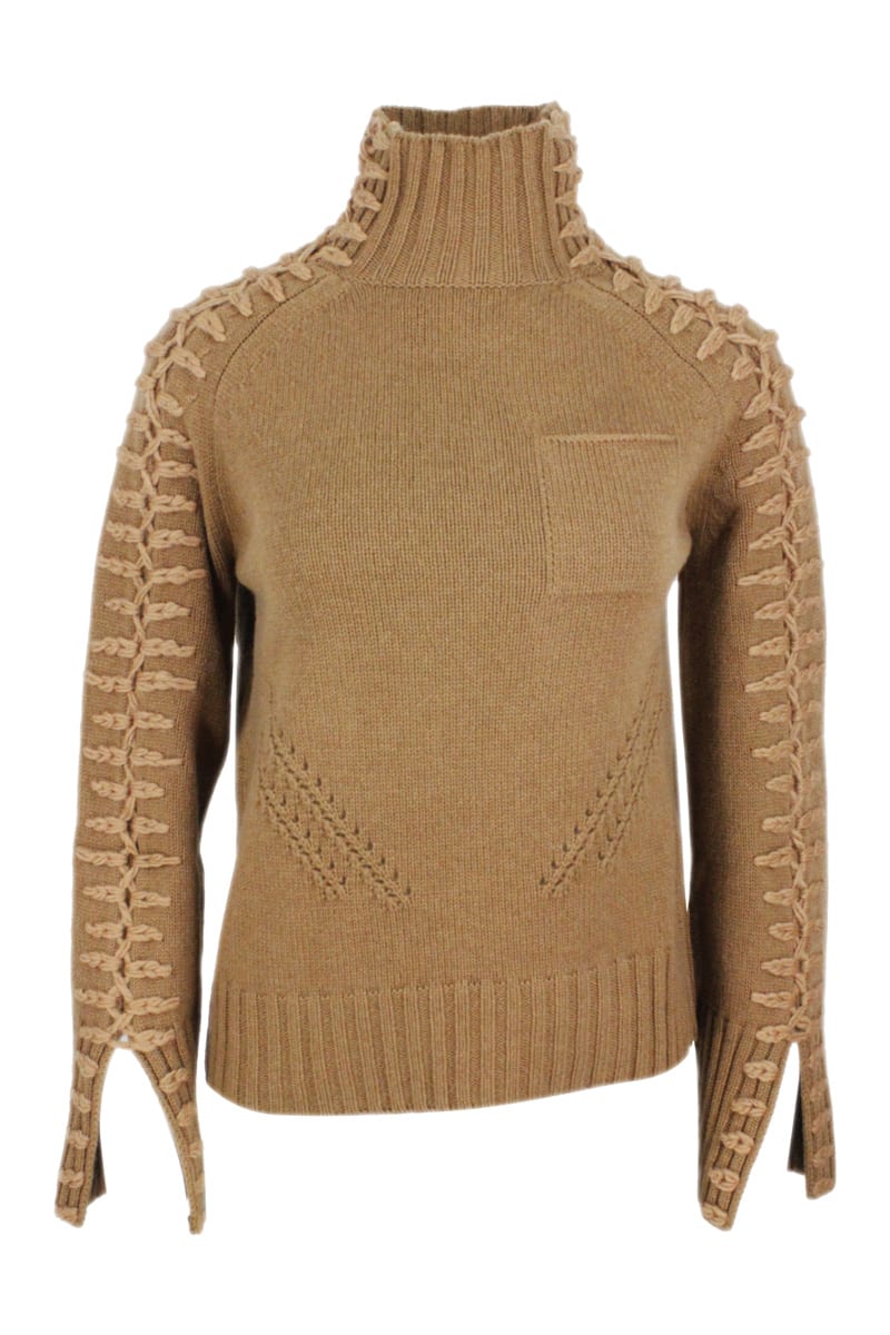 Ermanno Scervino High-neck Sweater In Soft And Pure Cashmere With Slits On The Sleeves Closed By Tone-on-tone Embroidery. Front Pocket