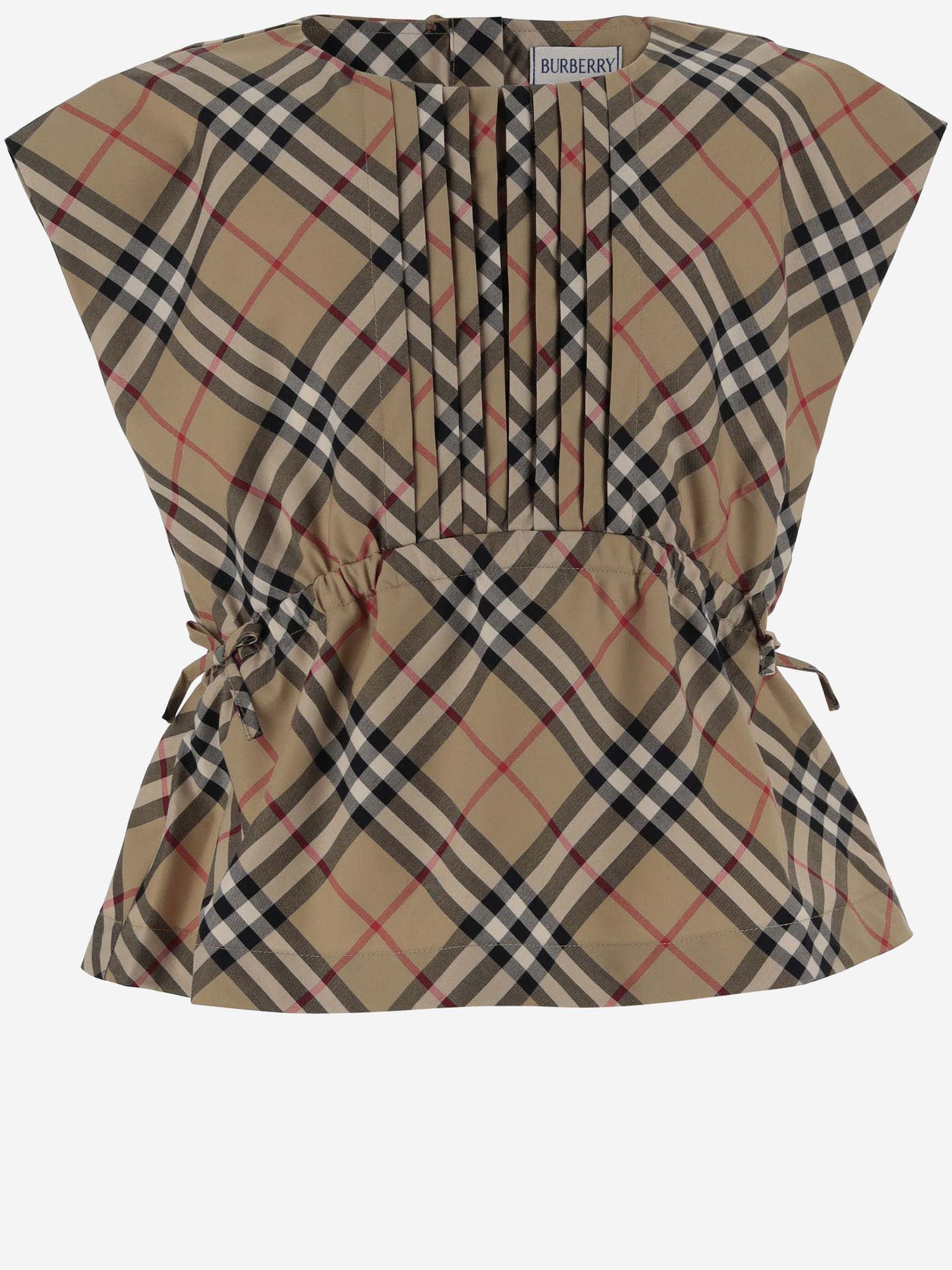 Burberry Kids' Stretch Cotton Blouse With Check Pattern In Neutral