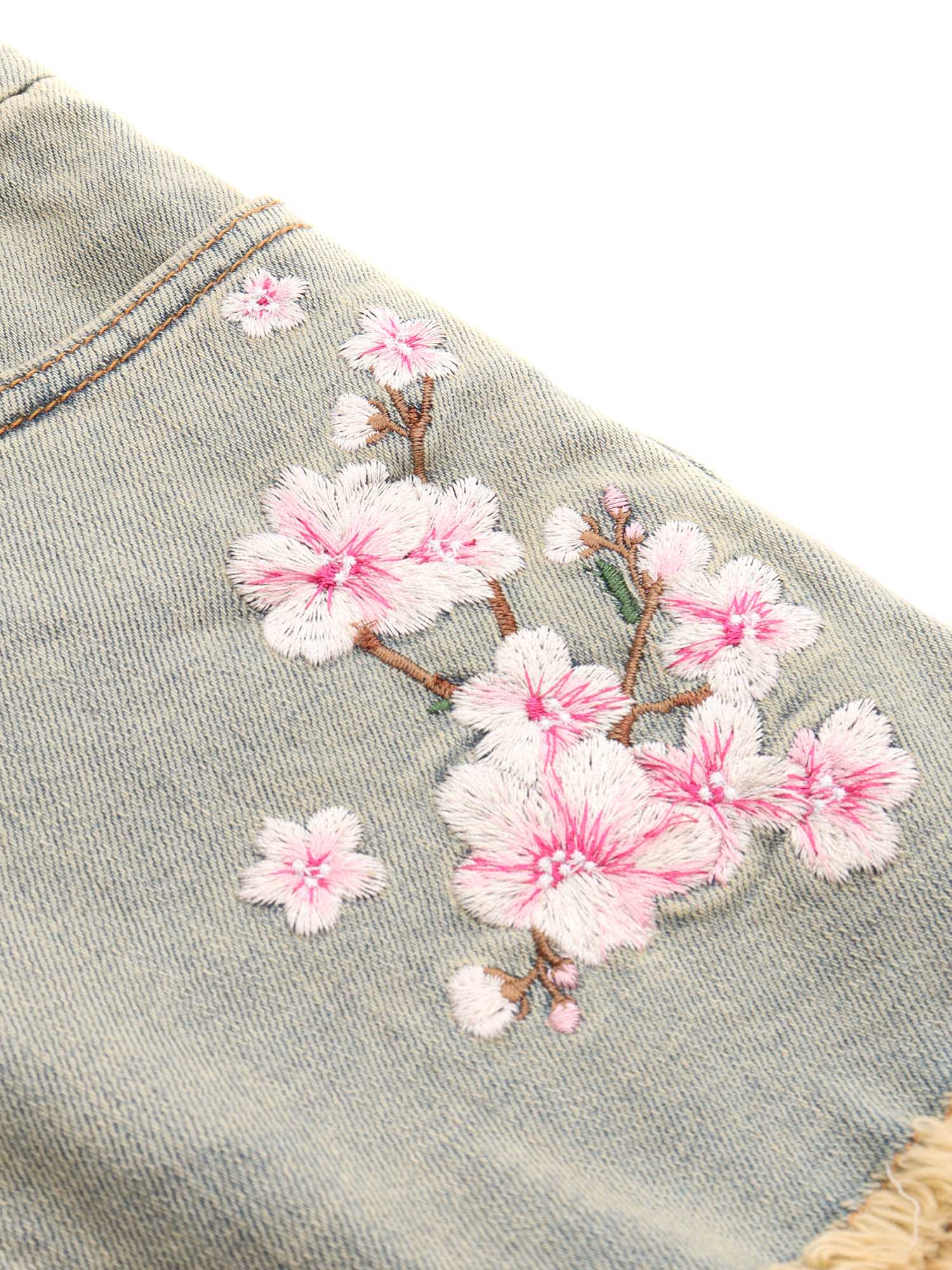 Monnalisa Peach Blossom Printed Denim Shorts In Grey