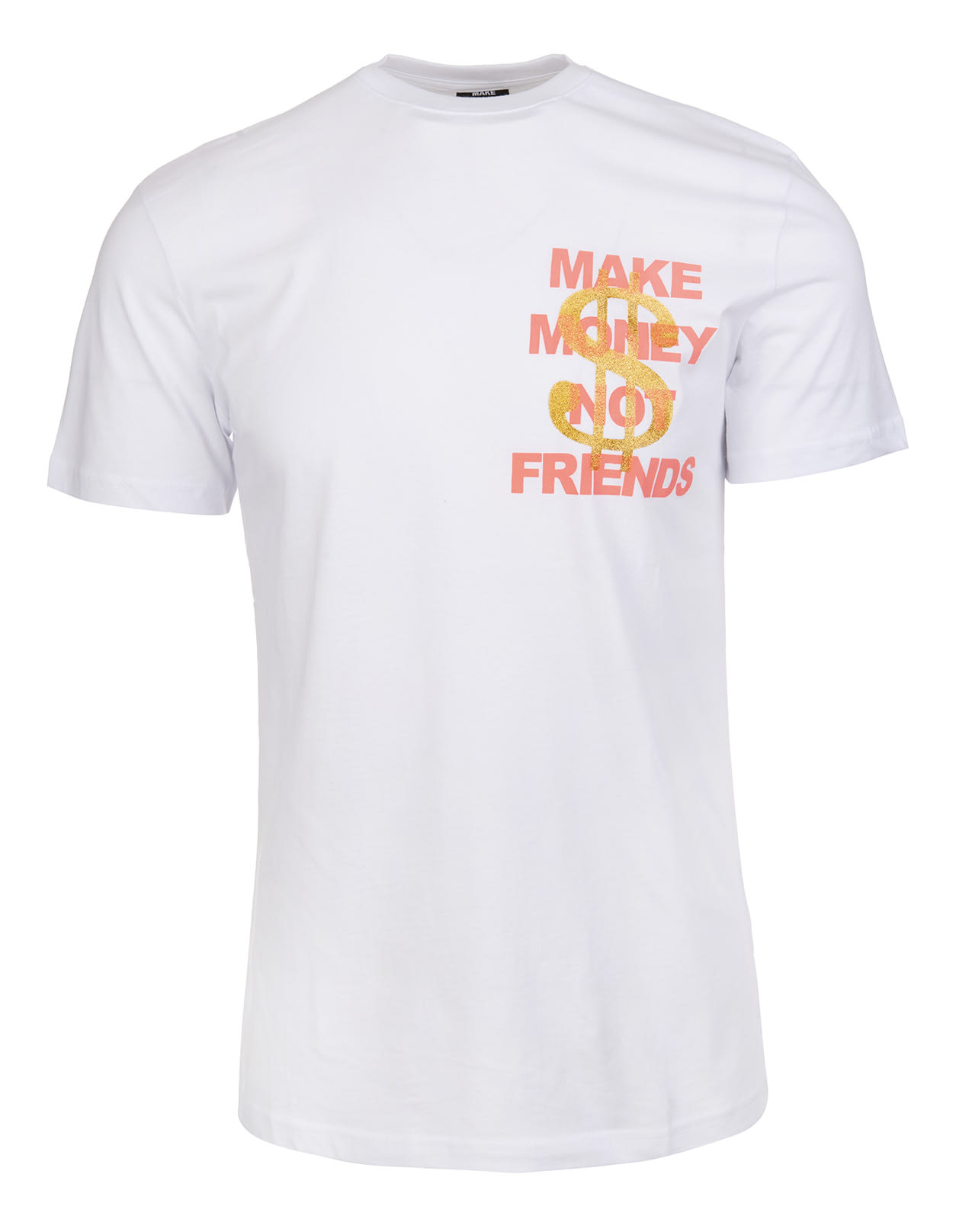 Make Money Not Friends White T-shirt With Coral Pink Logo And Golden Glitter Dollar