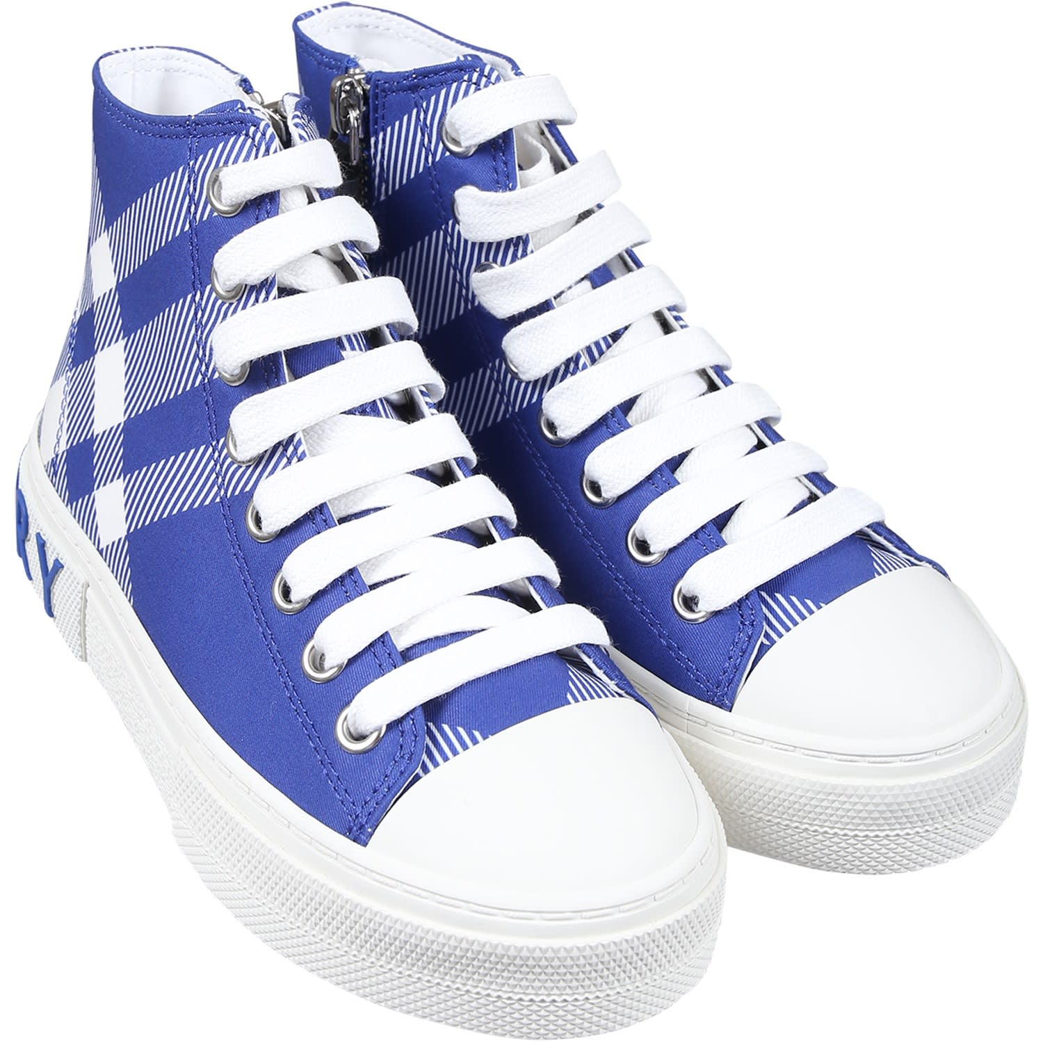 Shop Burberry Blue Sneakers For Kids With Logo