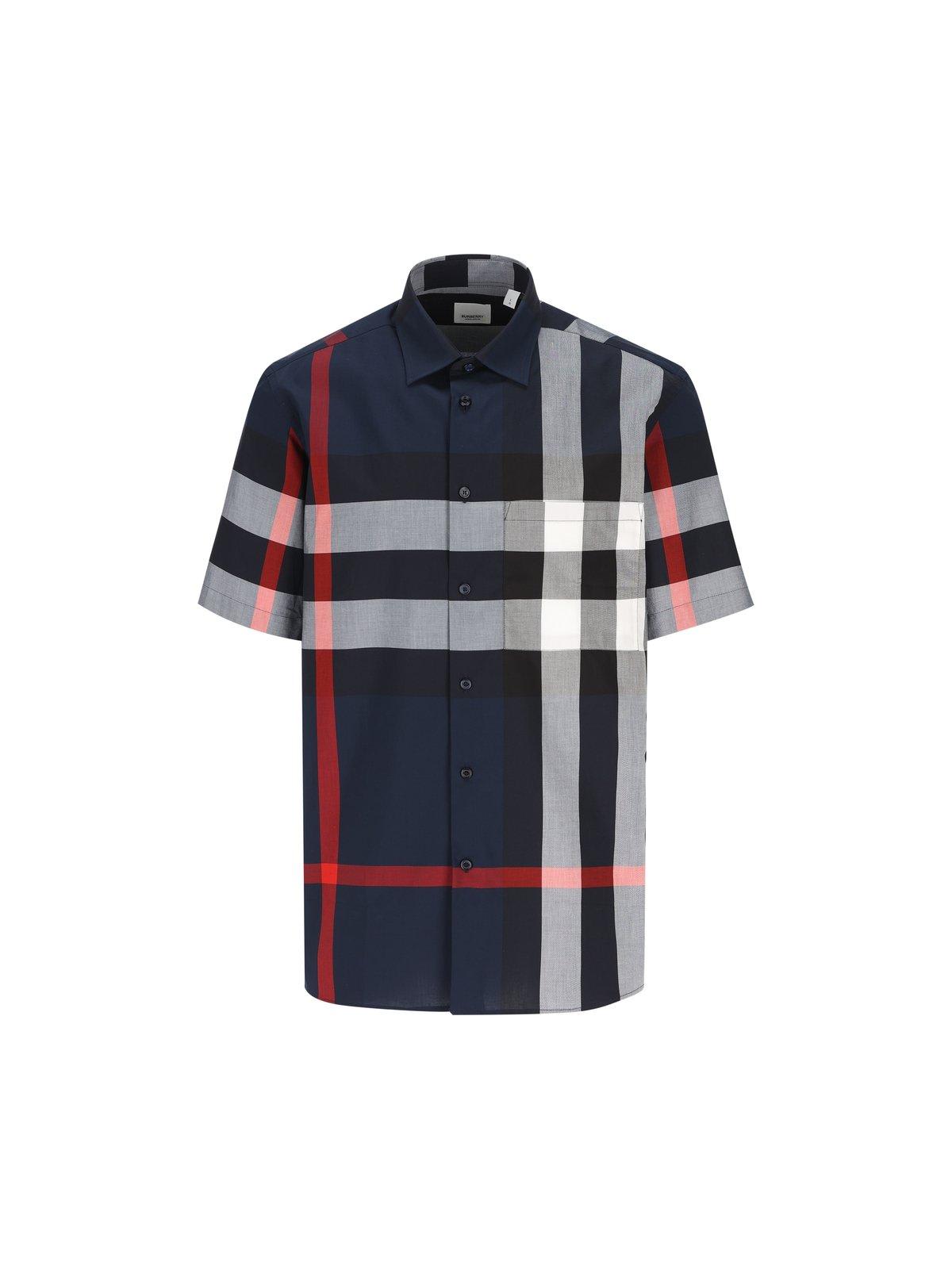 Shop Burberry Check-pattern Short Sleeved Shirt In Blue