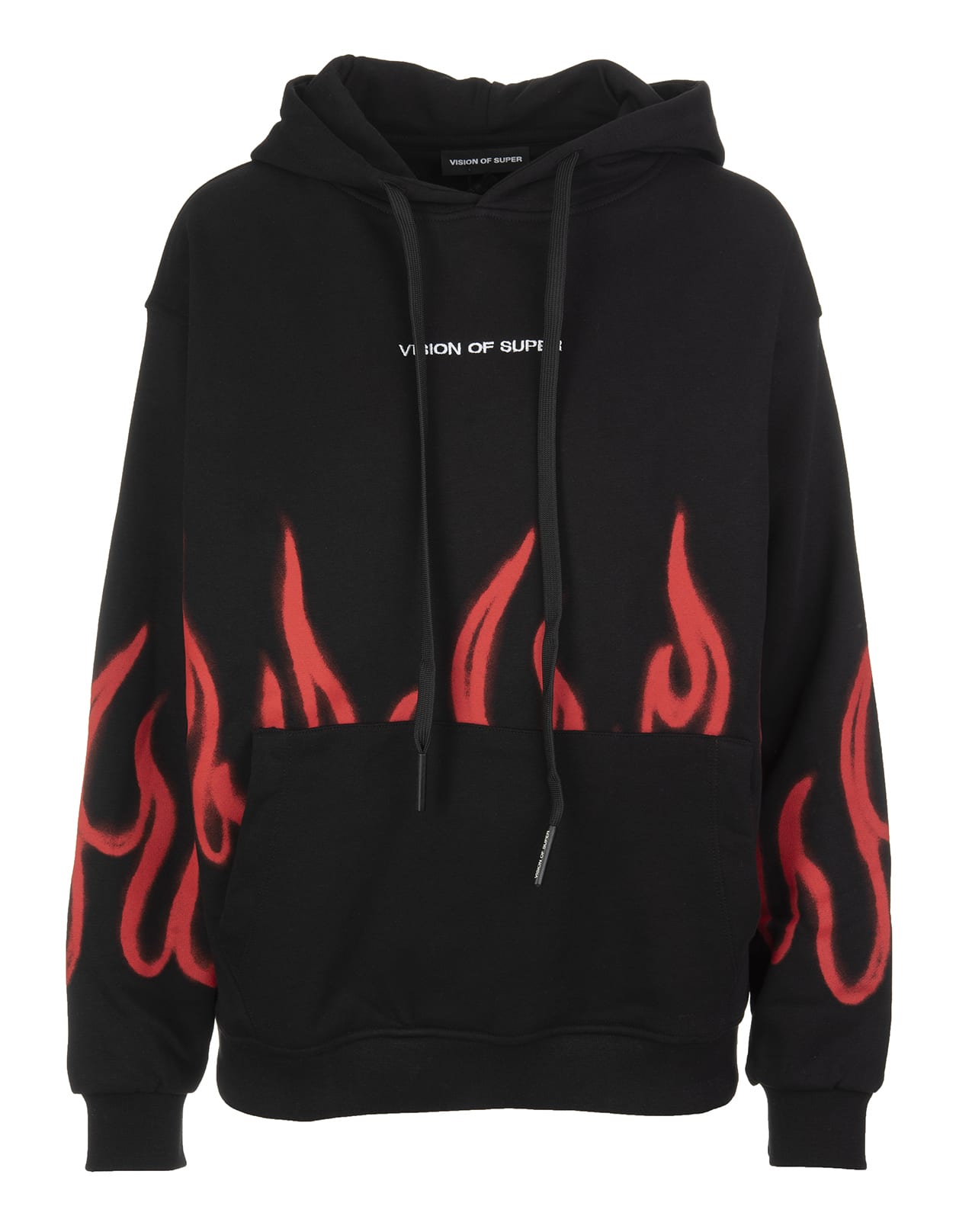 Vision of Super Unisex Black Hoodie With Red Spray Flames Print