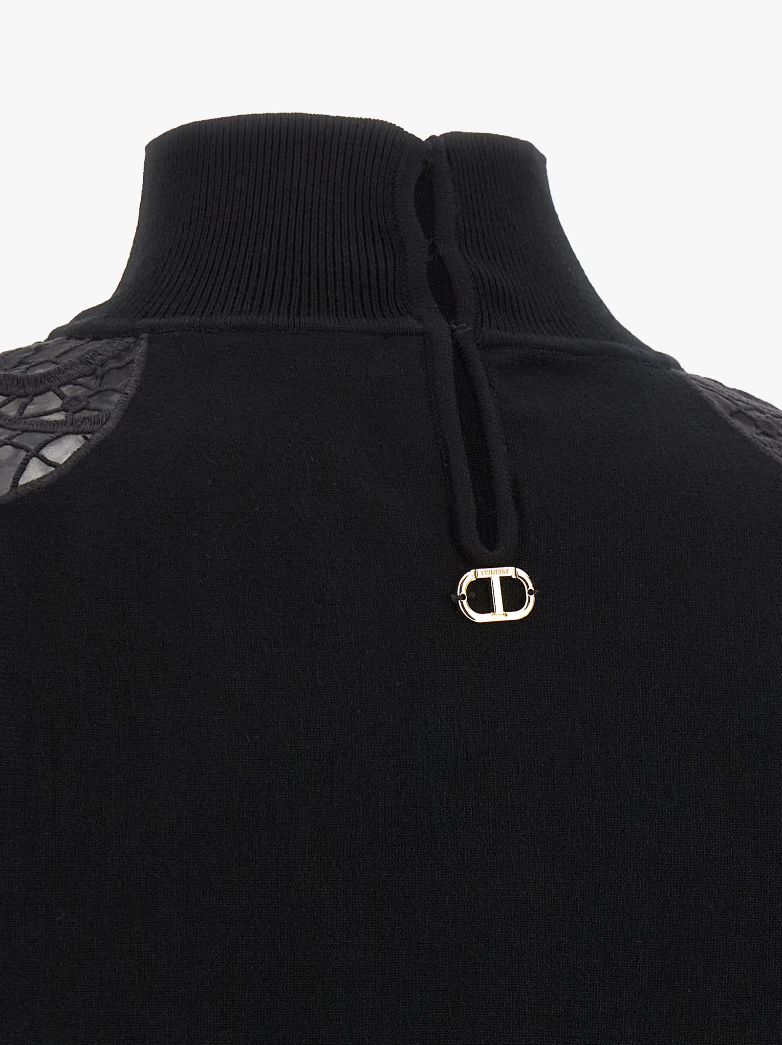 Twinset Lace-insert High-neck Sweater In Black