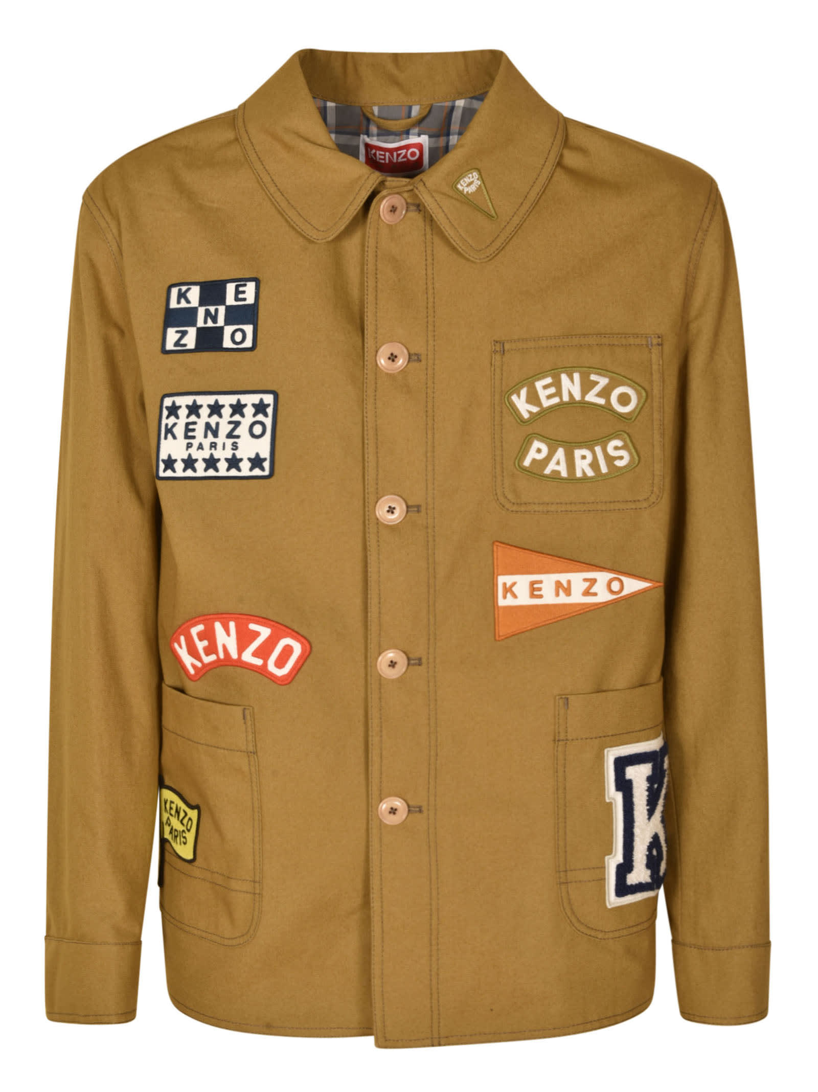 Kenzo Jacket With Logo Patch In Tabacco