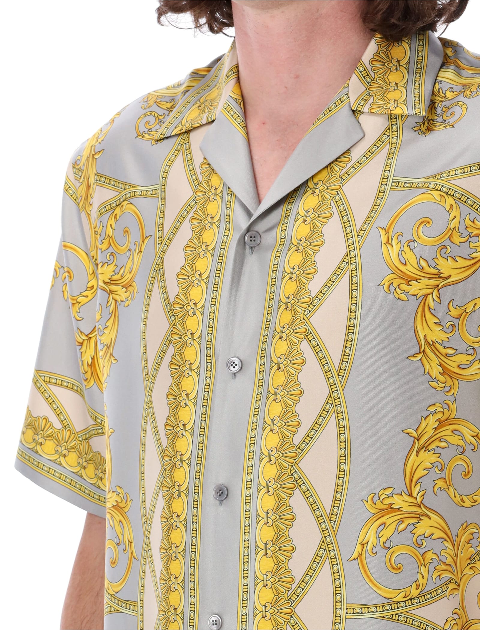 Shop Versace Baroque Coupe Des Dieux Bowling Shirt In Gold Bone