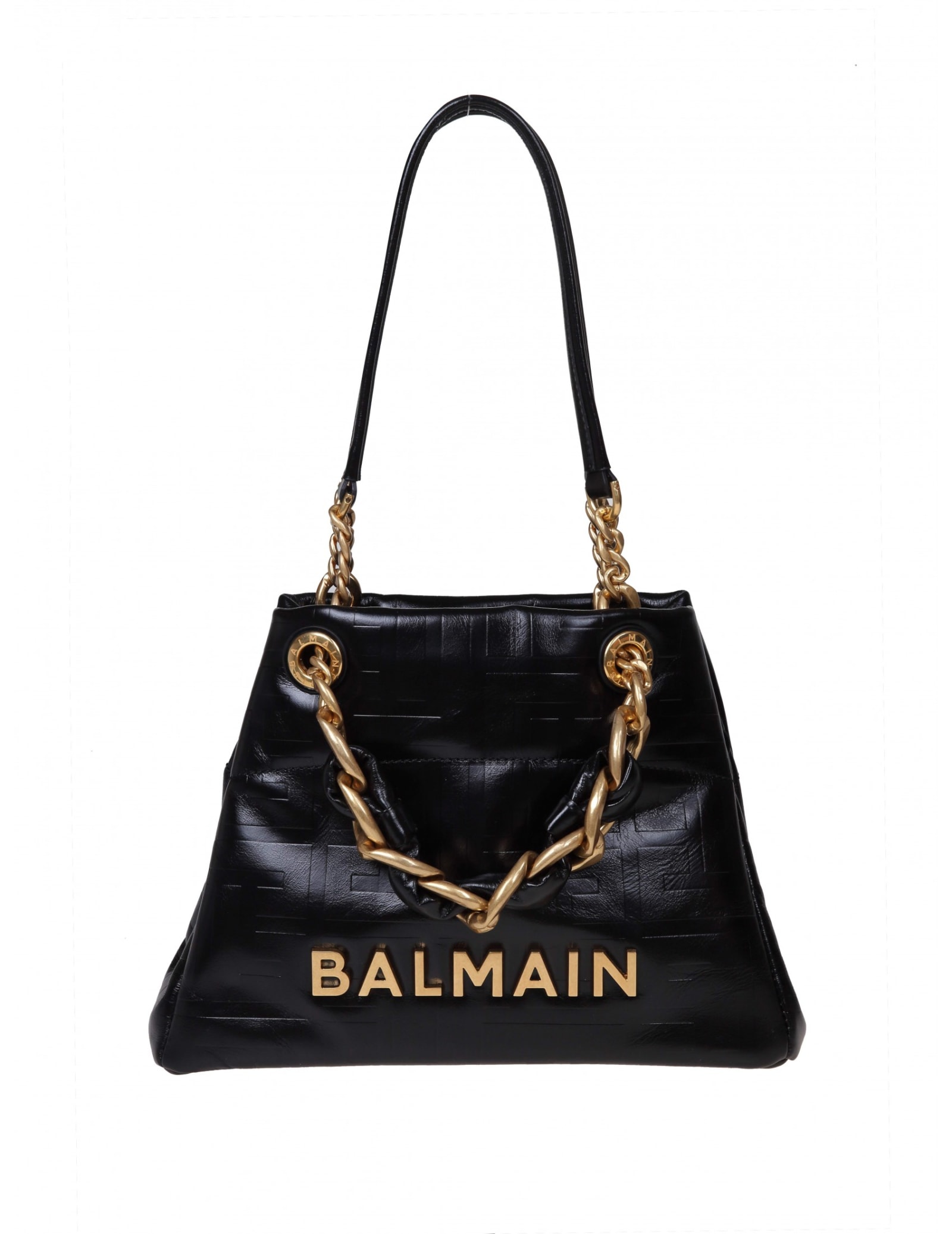 Shop Balmain 1945 Shopper Bag In Soft Leather With Embossed Monogramm In Noir