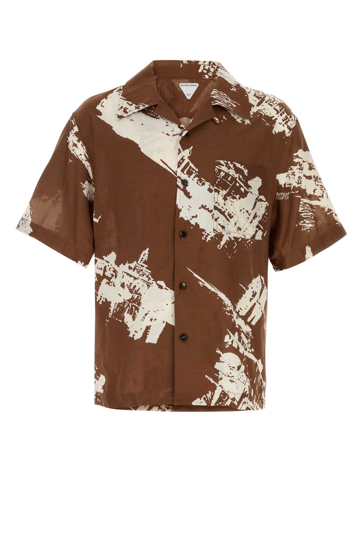 Bottega Veneta Postcard Print Silk Shantung Short Sleeve Shirt In Brown