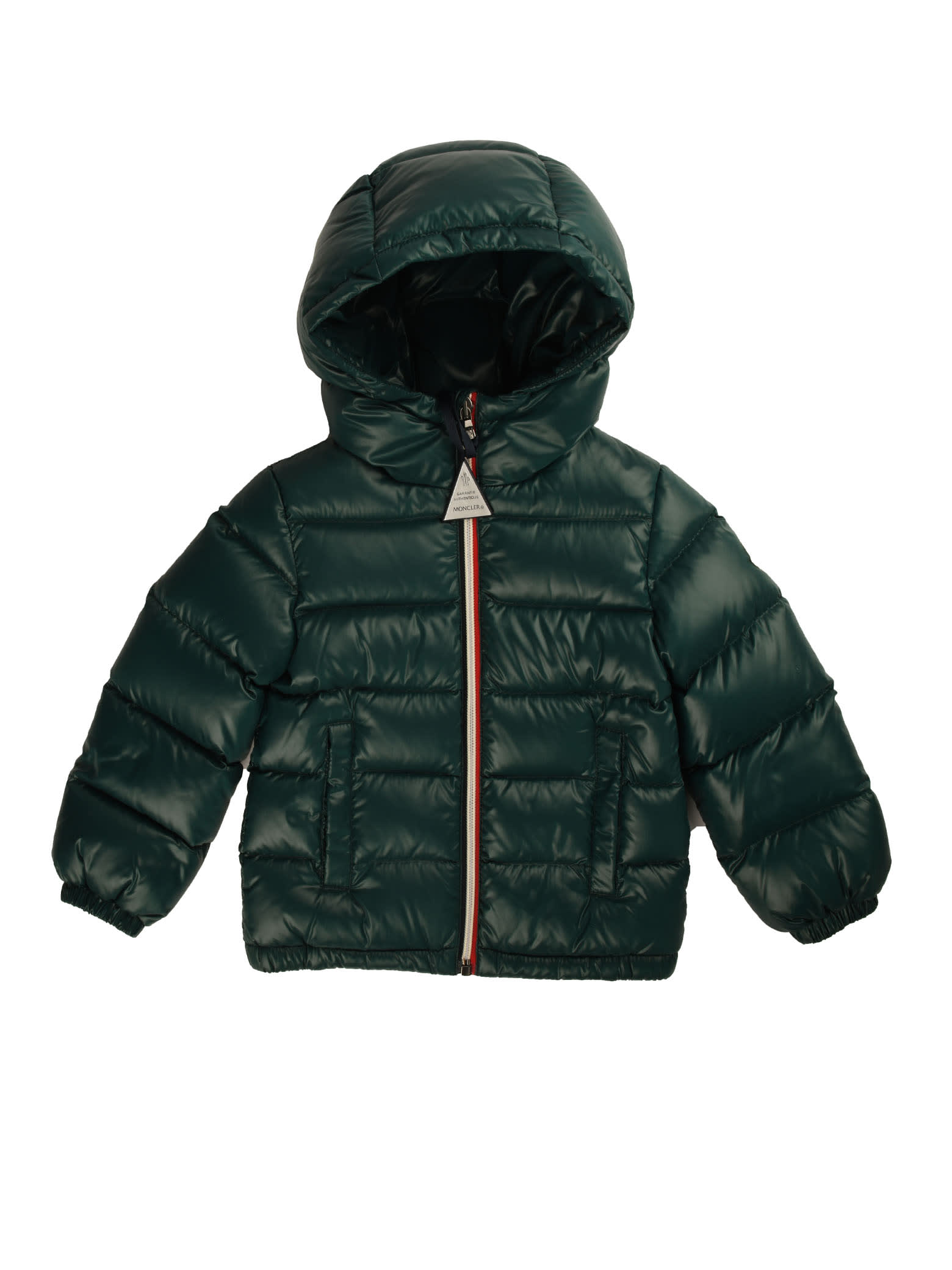 Moncler Green Down Jacket With Hood And Zip Bands