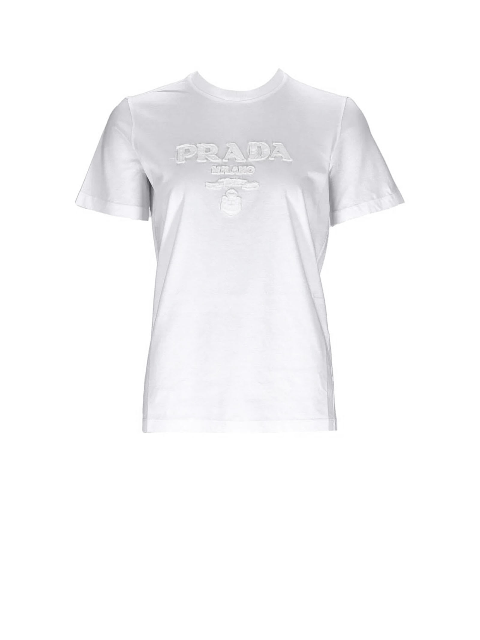 Prada Embroidered Jersey T-shirt With Logo In Bianco | ModeSens