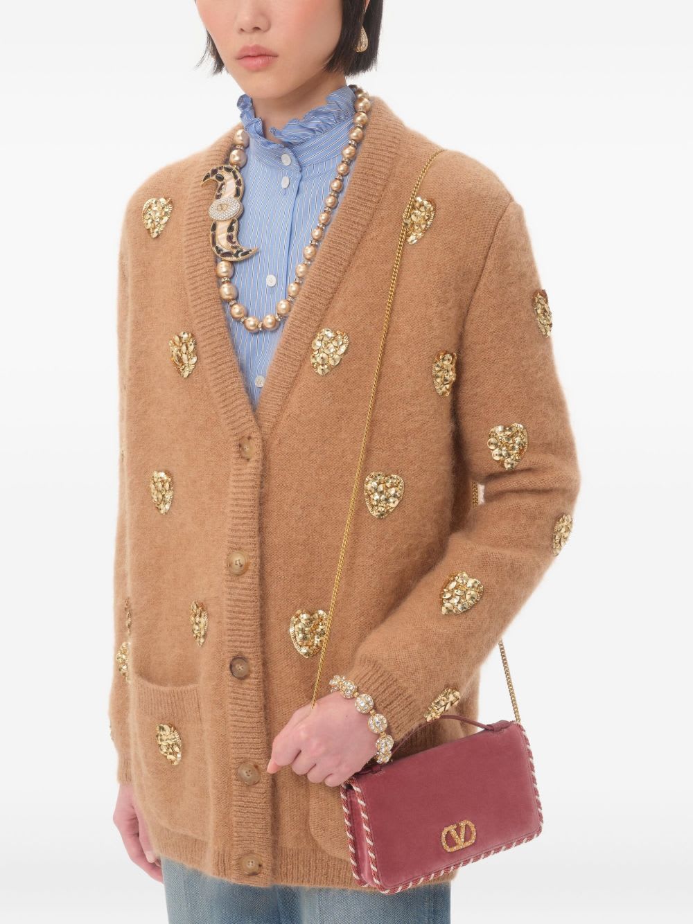 Valentino Vlogo Signature Velvet Wallet On Chain In Pink