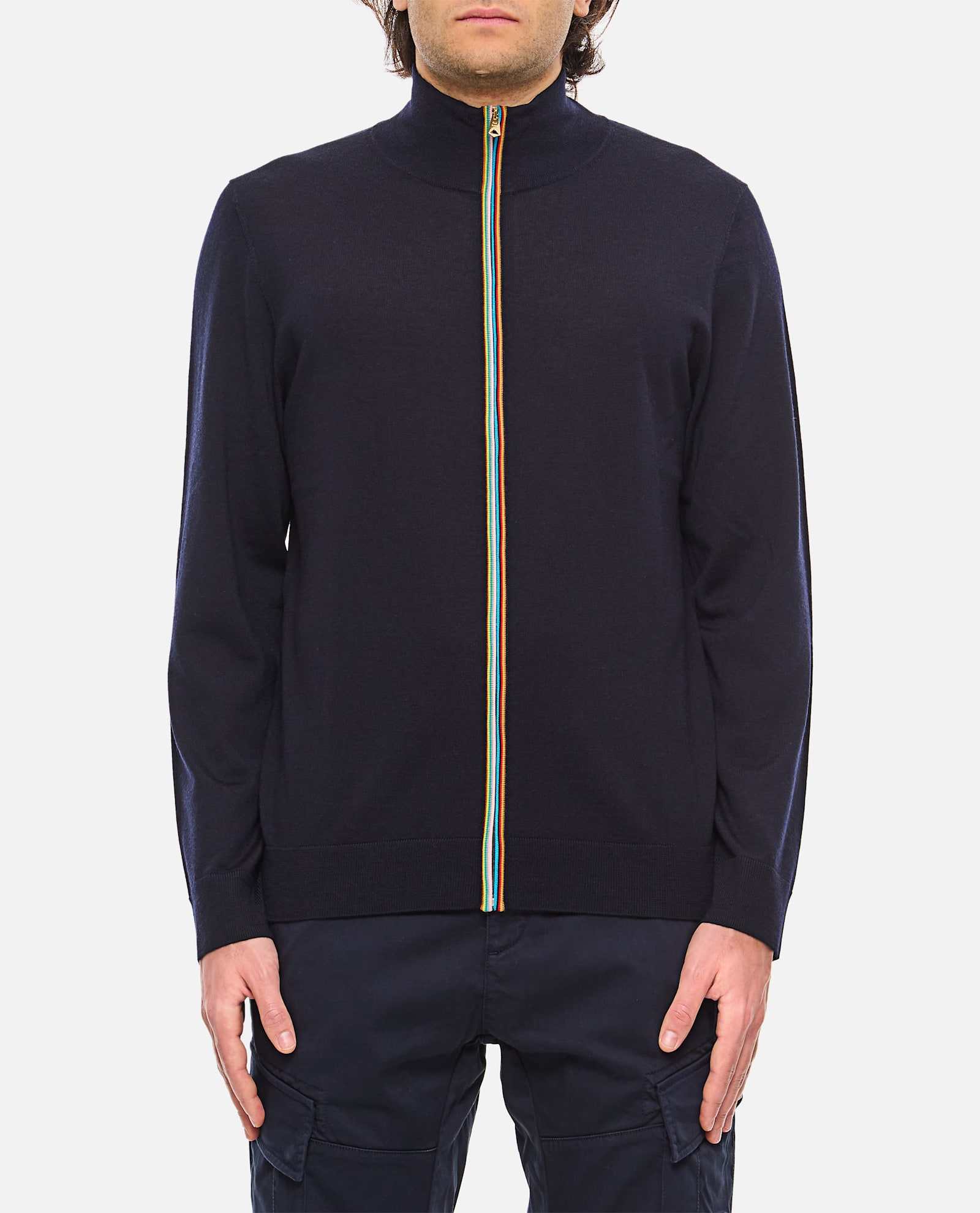 Shop Paul Smith Navy Washable Merino Wool Signature Stripe Zip Cardigan In Blue