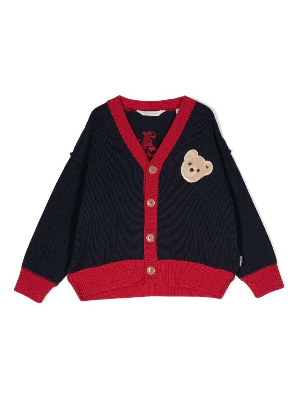 Shop Palm Angels Knitted Cardigan With Teddy Bear Logo Patch In Blue And Red Wool Boy