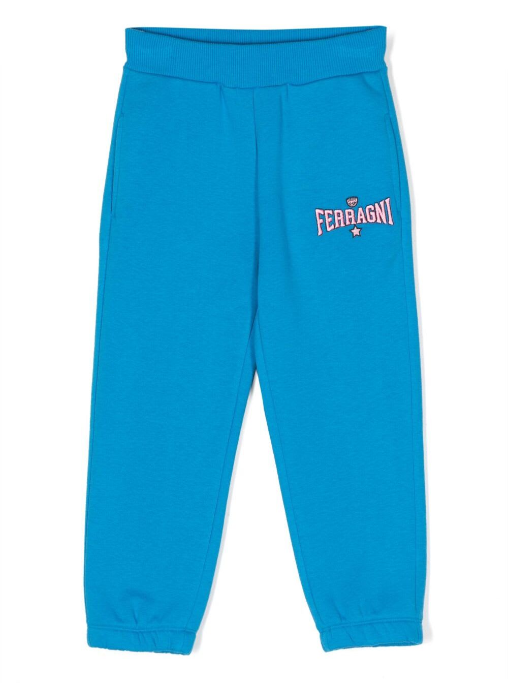 CHIARA FERRAGNI LIGHT BLUE JOGGER PANTS WITH LOGO LETTERING PRINT AT THE FRONT IN COTTON BLEND GIRL