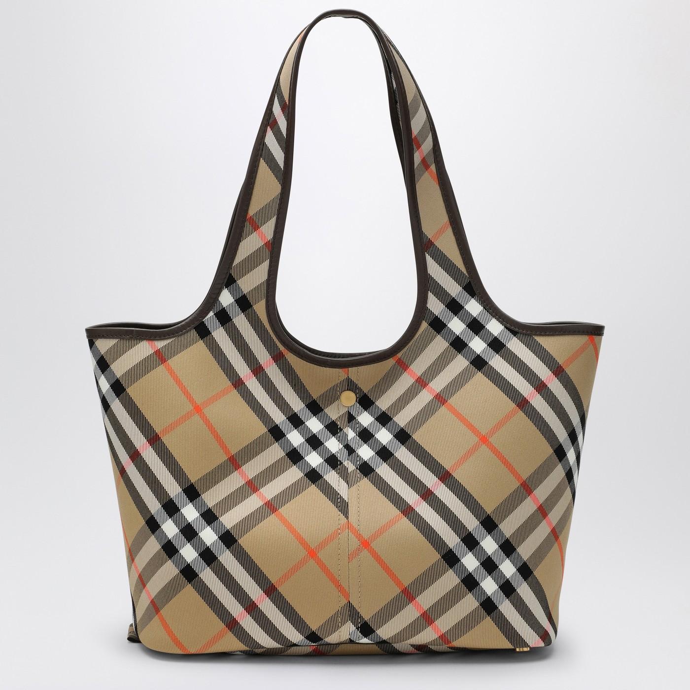 Shop Burberry Beige Check Pattern Small Tote Bag In Sand