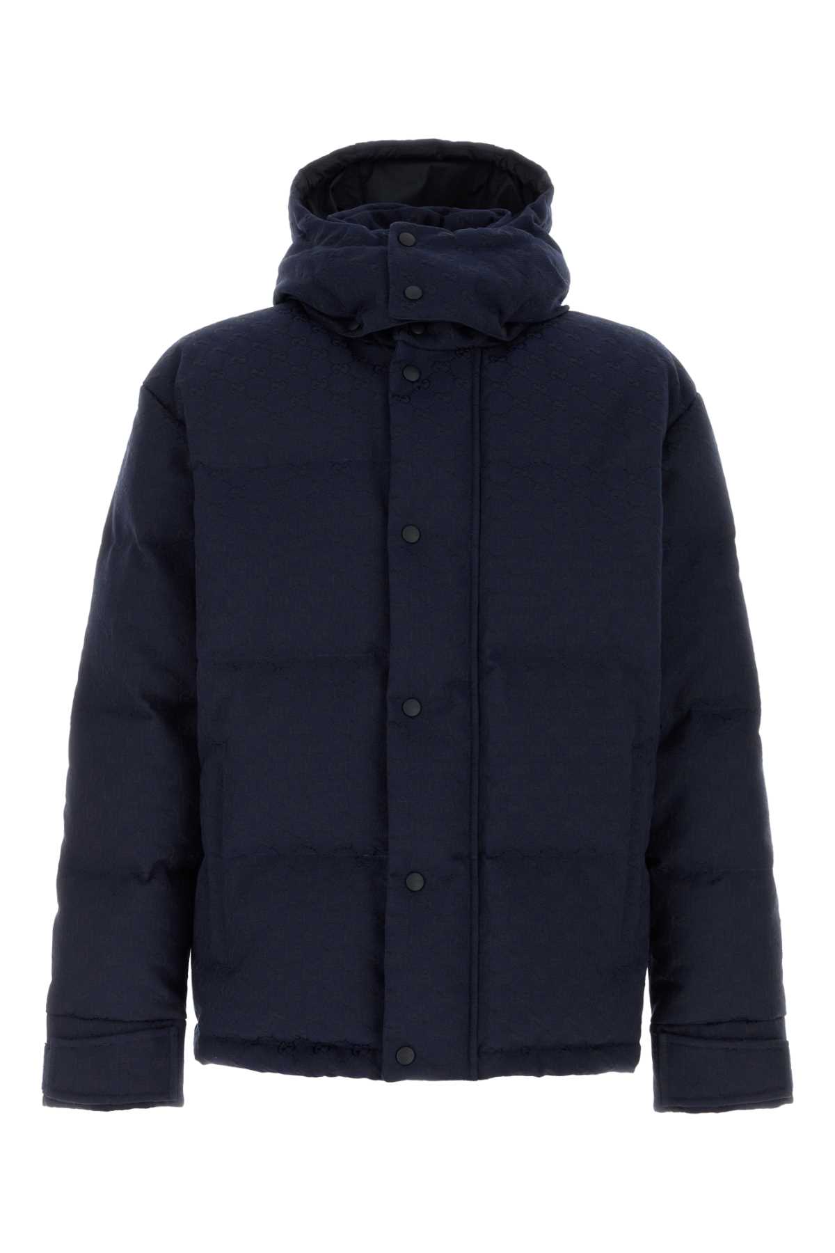 Navy Blue Gg Fabric Down Jacket