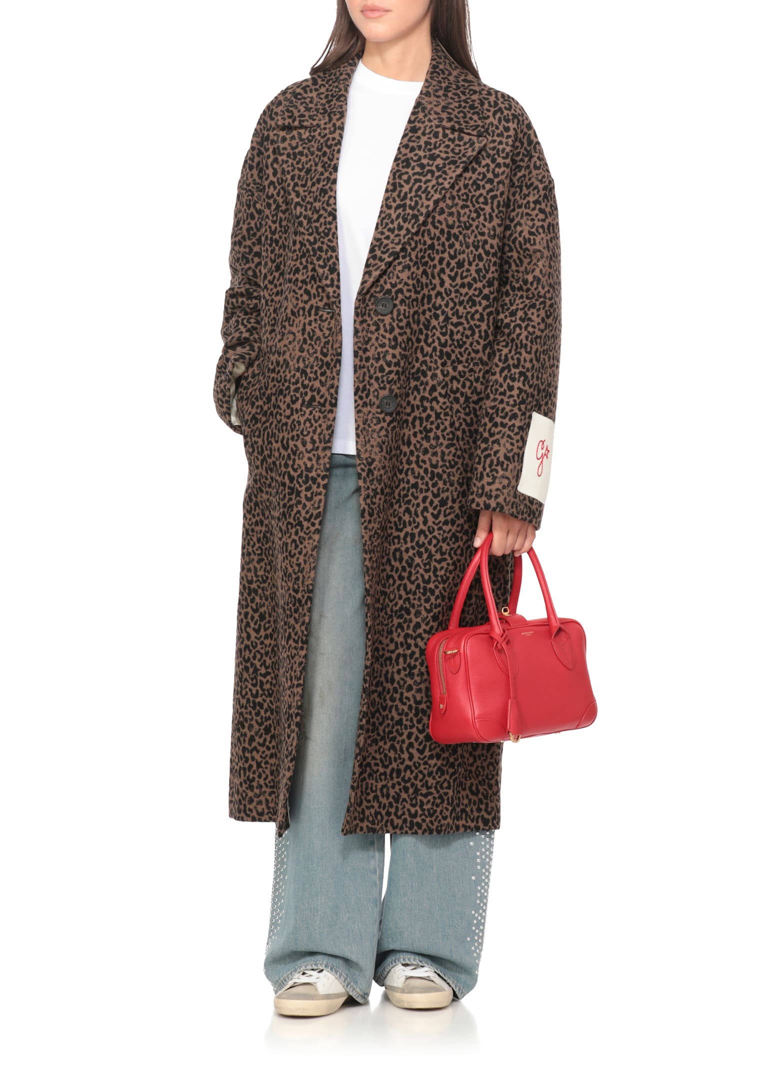Golden Goose Single-breasted Cocoon Coat With Jacquard Motif In Brown