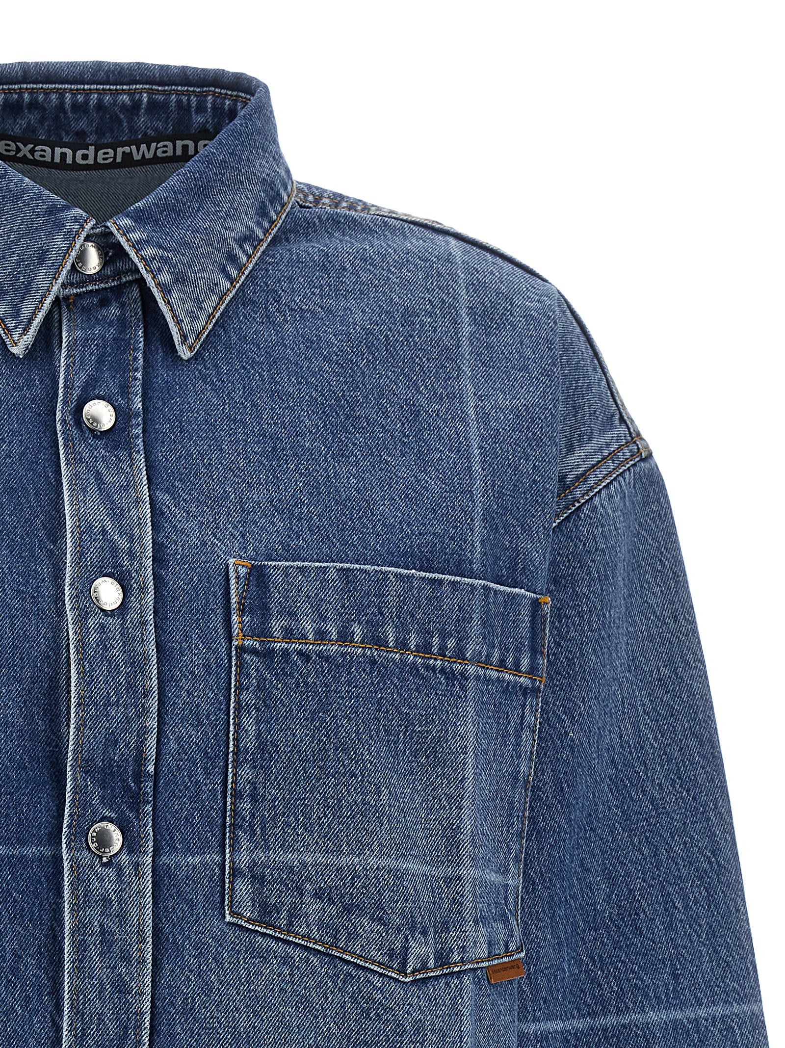 Alexander Wang Cropped Heavy Cotton Denim Shirt With Geometric Fading In Blue