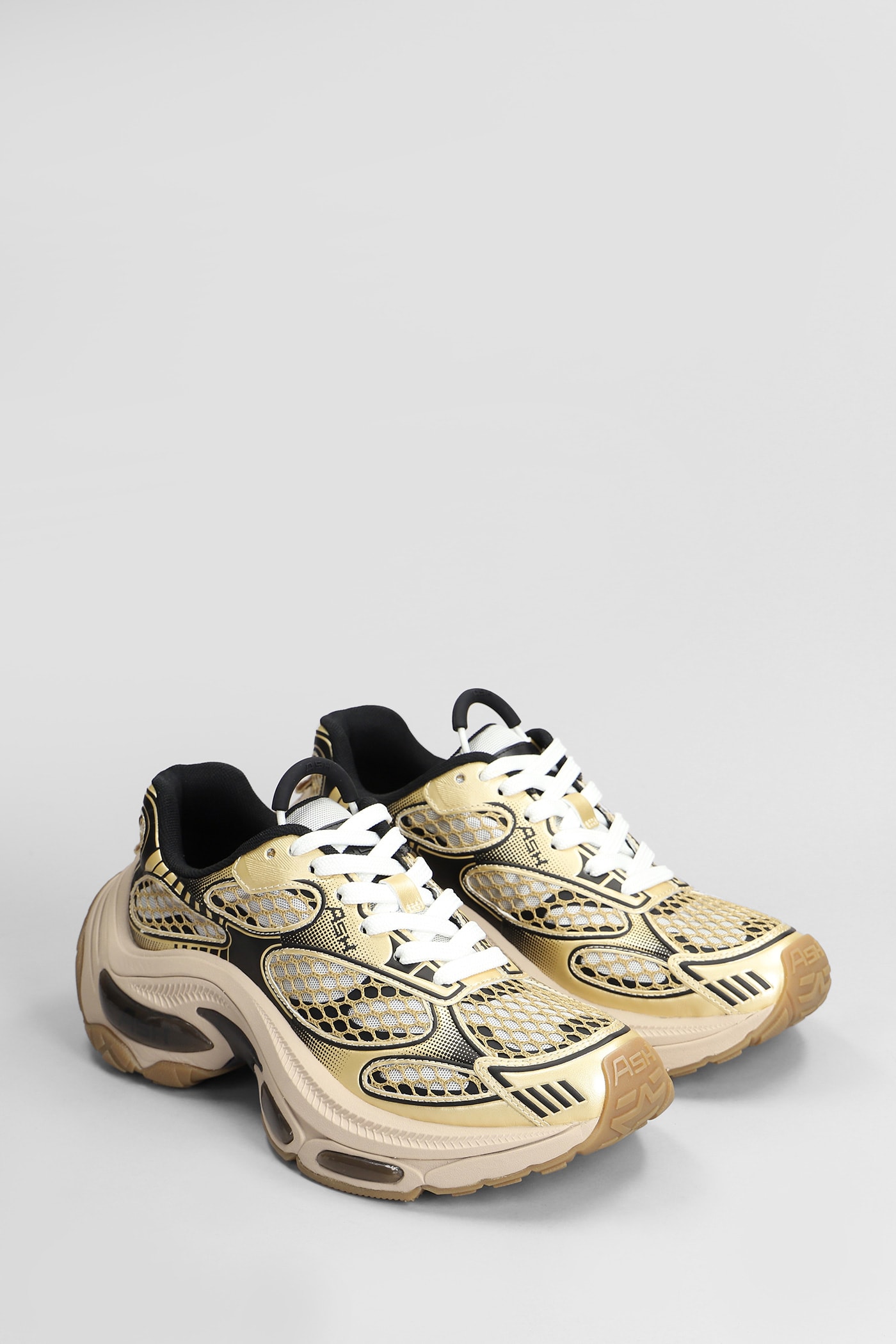 Ash Dragon Sneakers In Gold Leather And Fabric In White/black