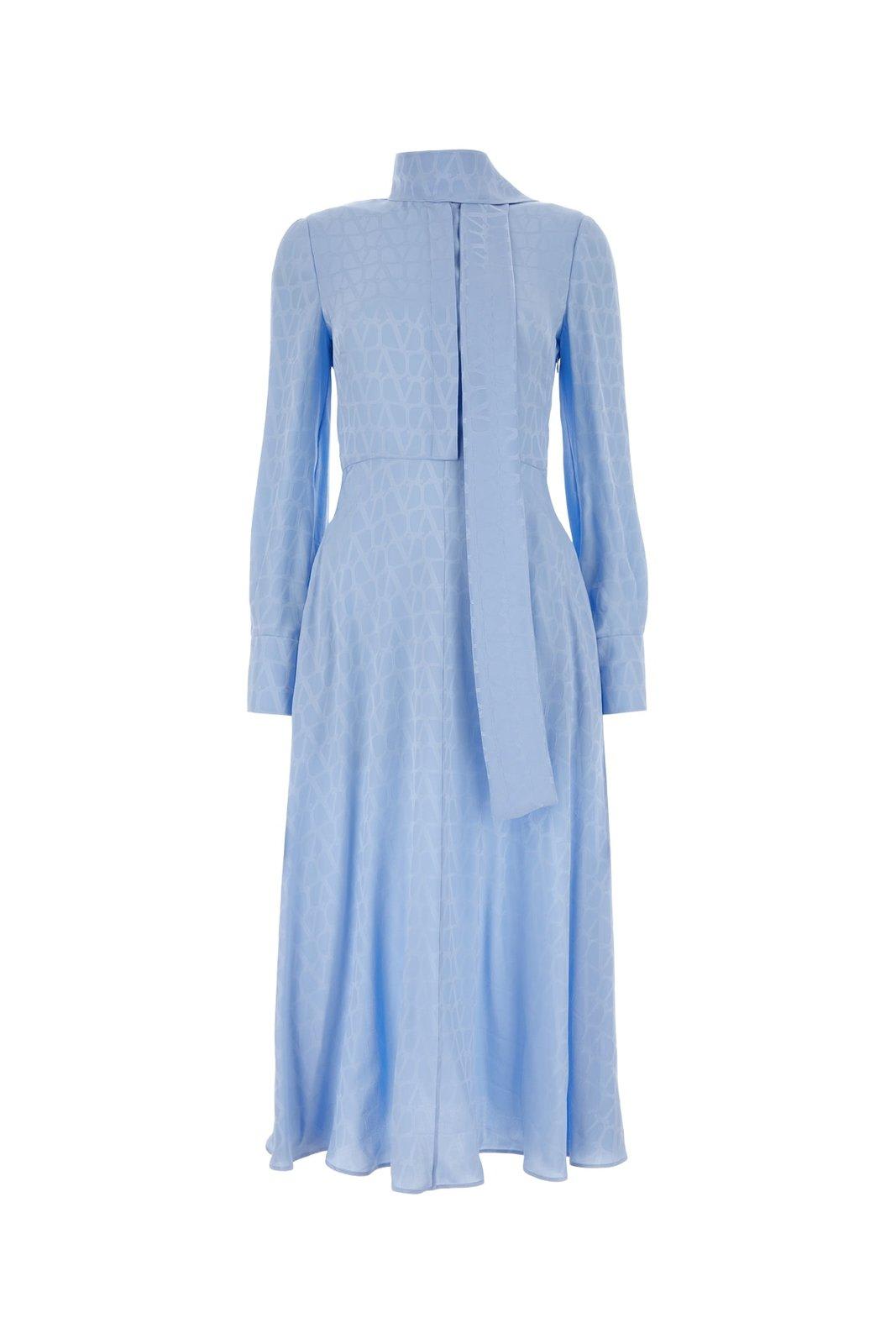 Shop Valentino Toile Iconographe Straight Hem Long-sleeved Dress In Azzurro