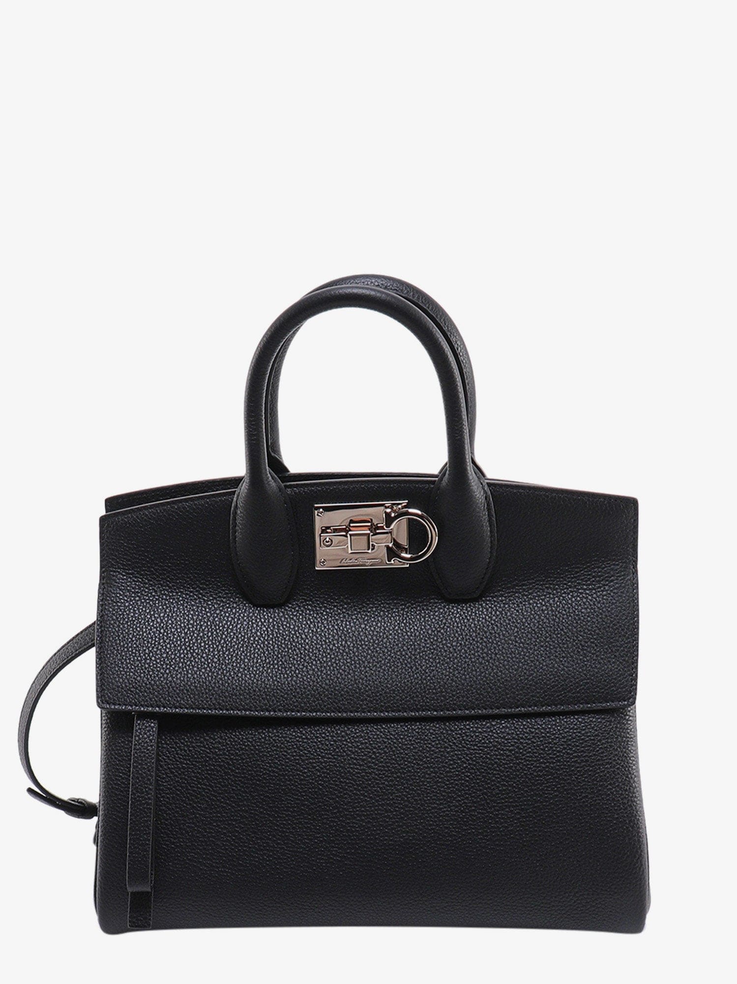 Ferragamo Textured Leather The Studio Handbag With Iconic Gancini Closure In Black