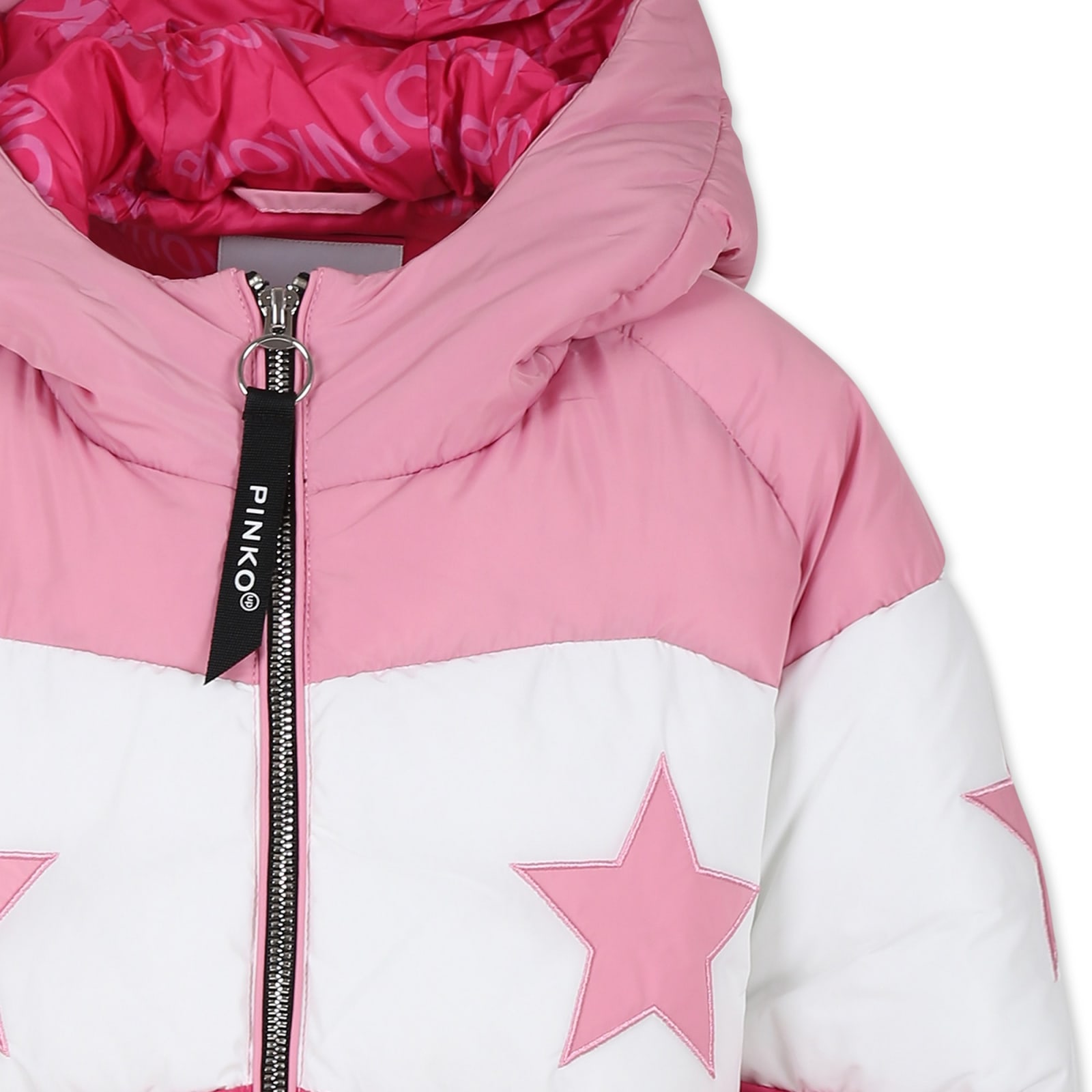Pinko Pink Crop Down Jacket For Girl With Logo In Multicolor