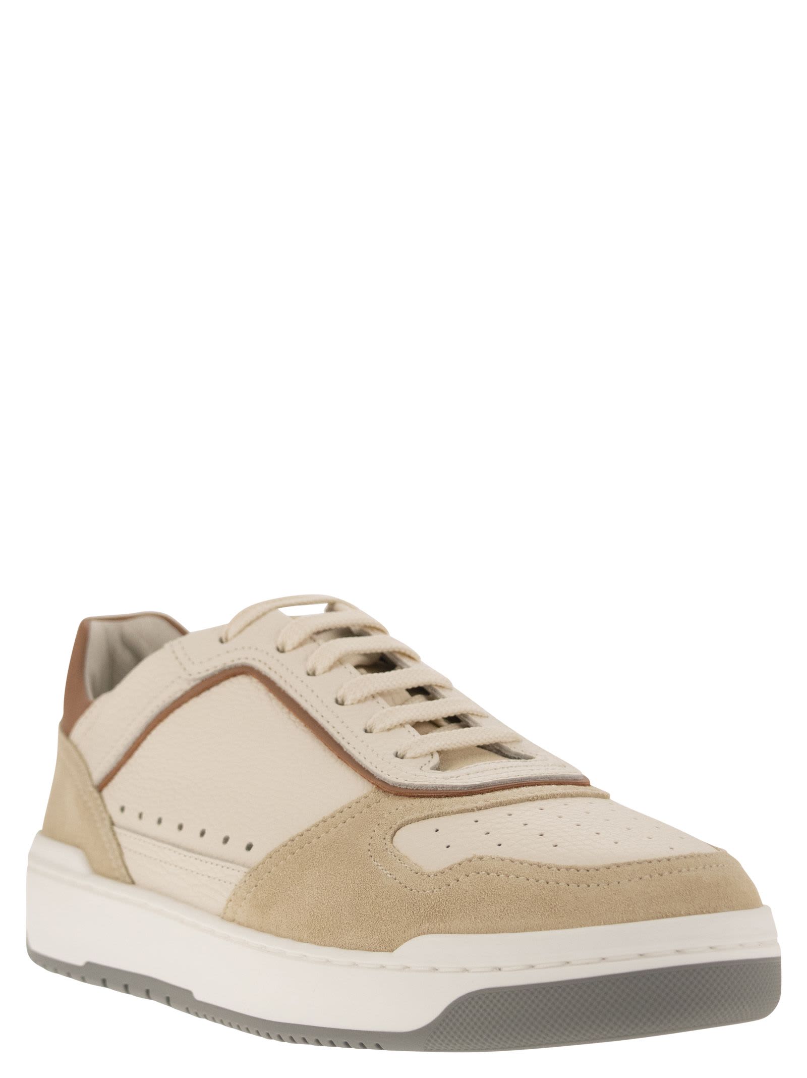 Shop Brunello Cucinelli Basket Trainers In Grained Calfskin And Washed Suede In Cream/beige