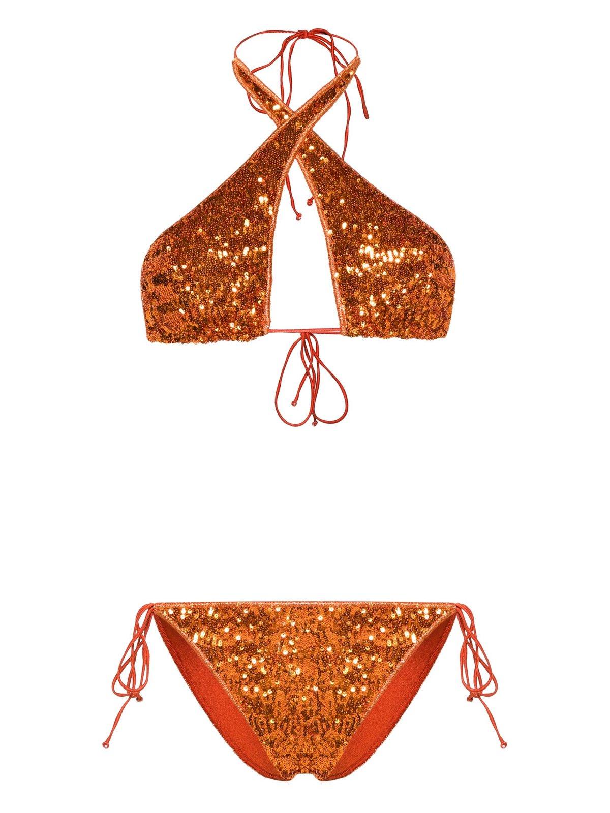 Shop Oseree Sequin Embellished Crossed Bikini Set In Orange