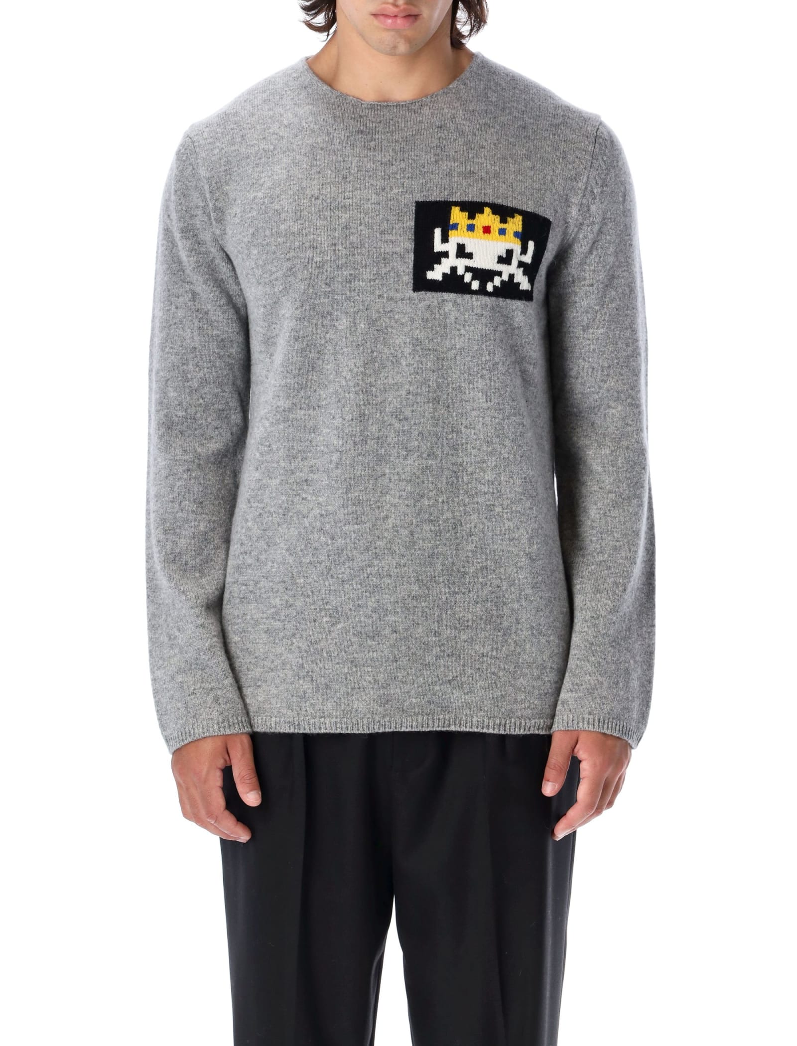 Comme Des Garçons Shirt Invader Intarsia Crewneck Long Sleeve Lambswool Knitted Sweater In Grey