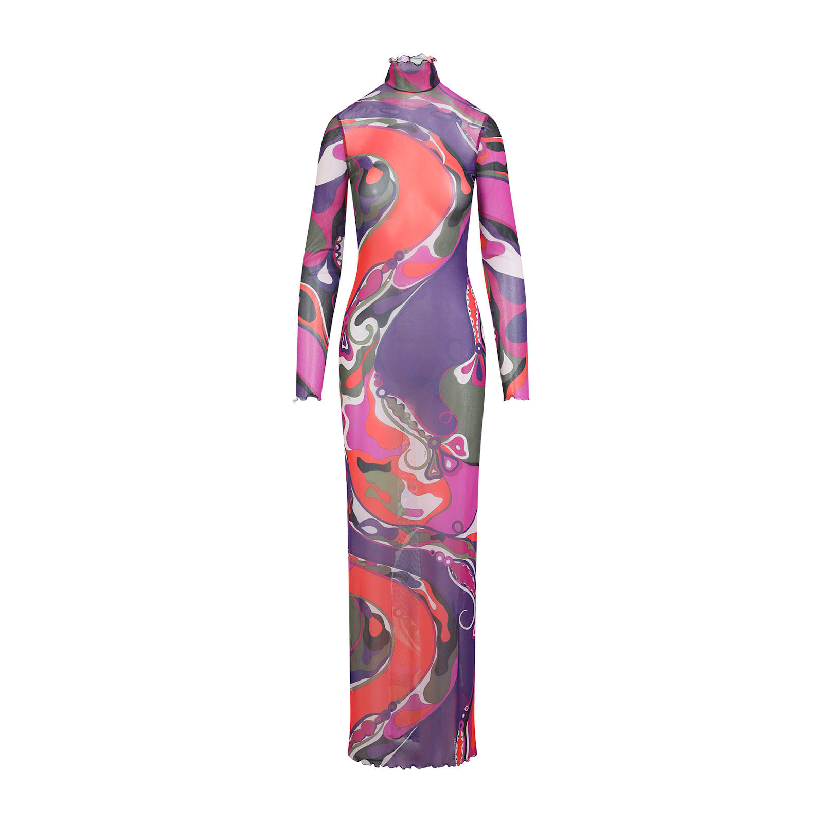 Pucci Sheer Long Sleeve Dress With Ruffled Collar In Multi