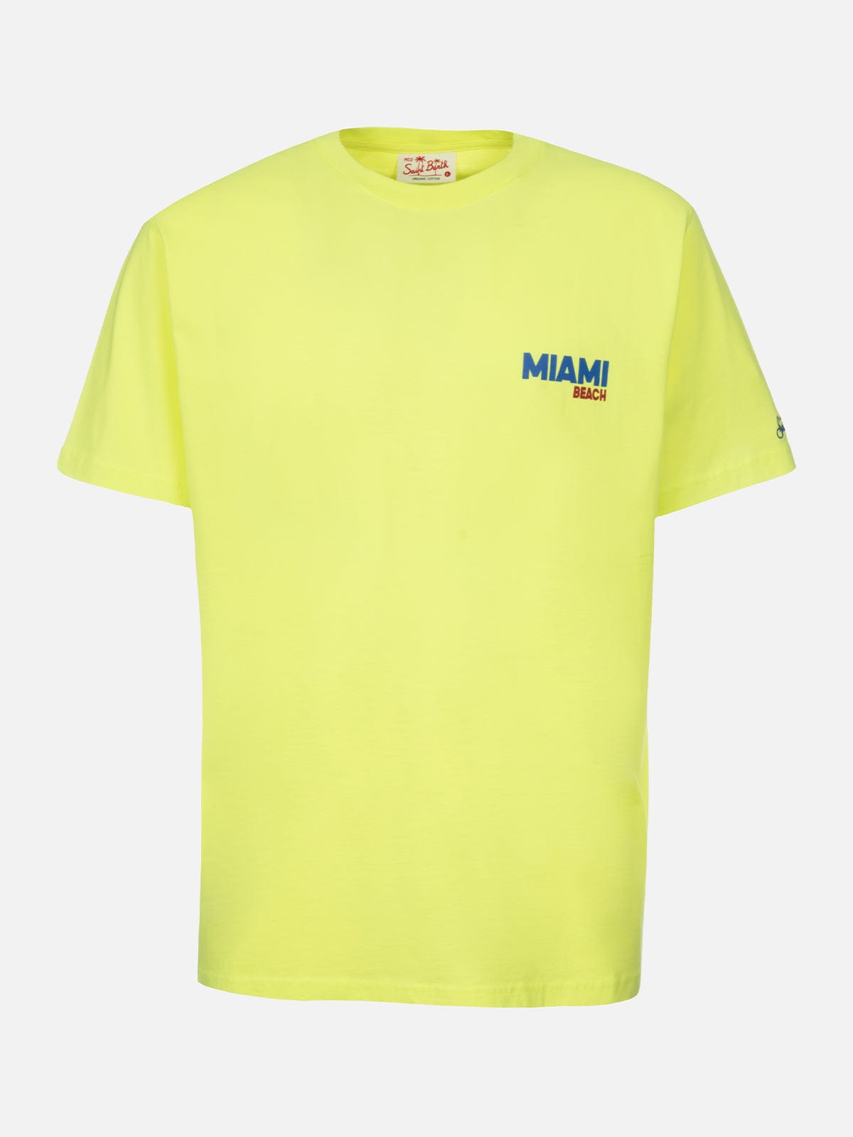 Shop Mc2 Saint Barth Man Cotton T-shirt With Miami Beach Postcard Placed Print In Yellow