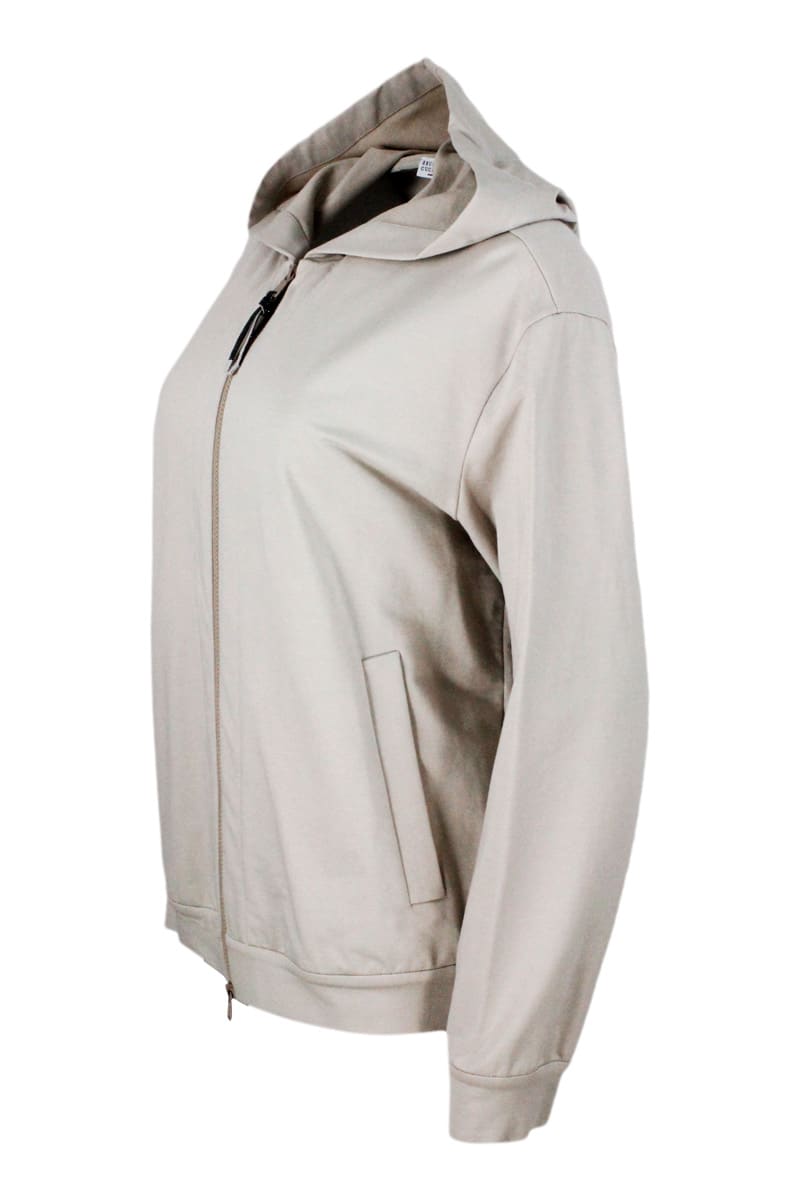 Shop Brunello Cucinelli Stretch Cotton Sweatshirt With Hood And Jewel On The Zip Puller In Beige