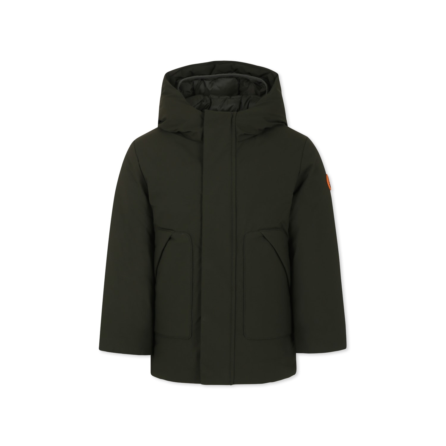 Save The Duck Black Down Jacket For Boy With Logo In Green