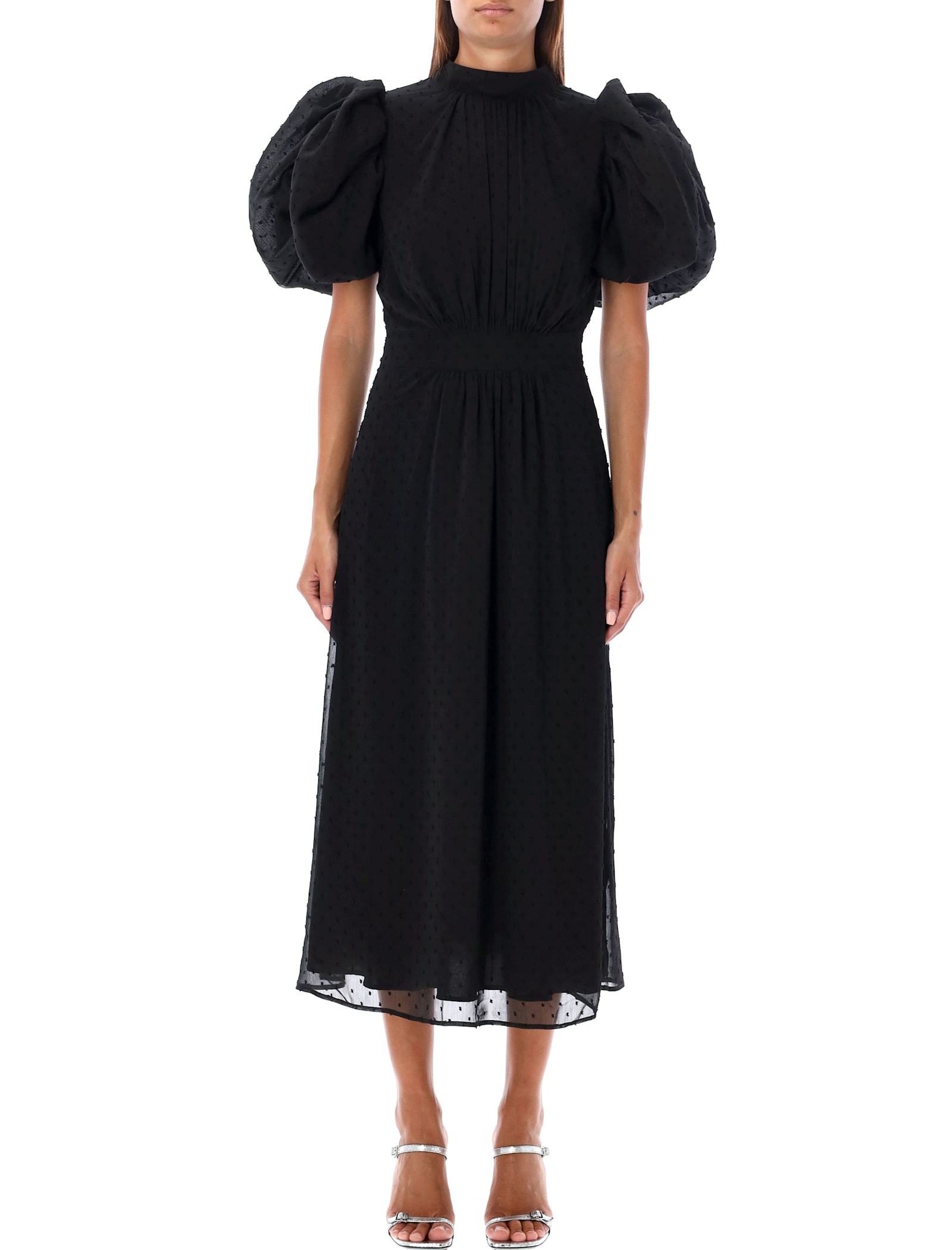 Shop Rotate Birger Christensen Puff Sleeve Midi Dress In Black