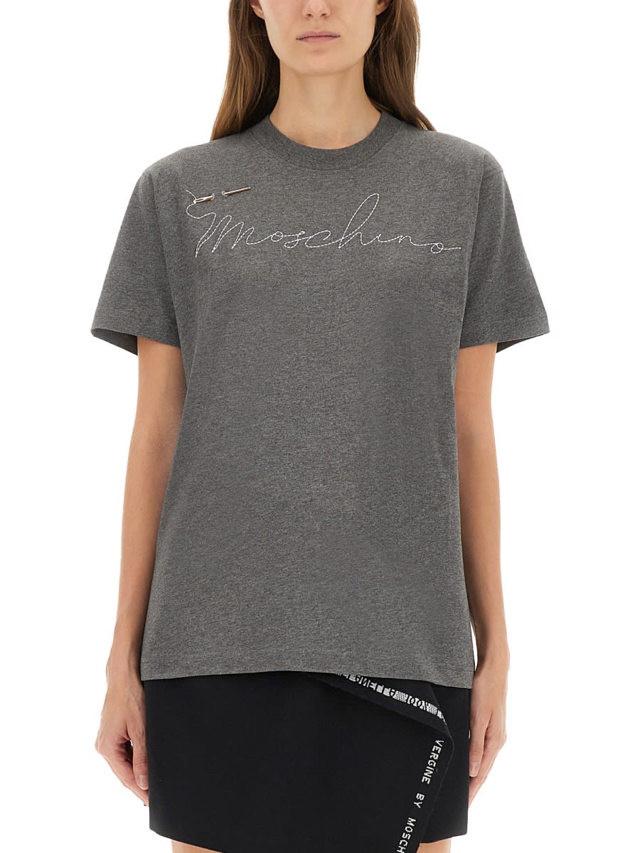 Moschino T-shirt With Embroidered Logo In Gray