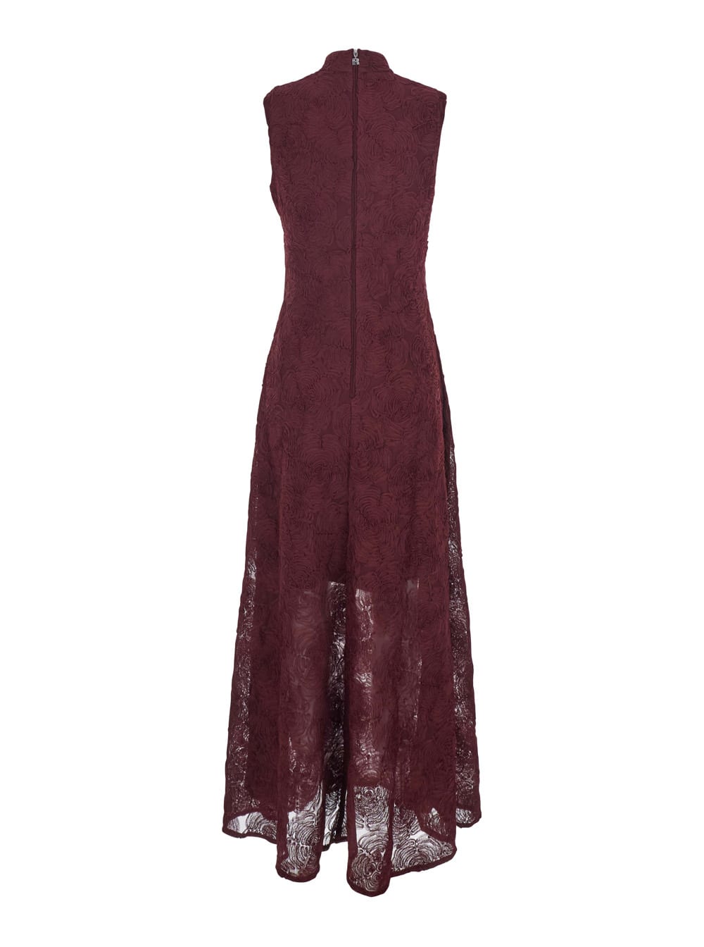 Rotate Birger Christensen Bordeaux Crewneck Sleeveless Maxi Dress With All-over Floral Embroidery In Tech Fabric Woman In Burgundy